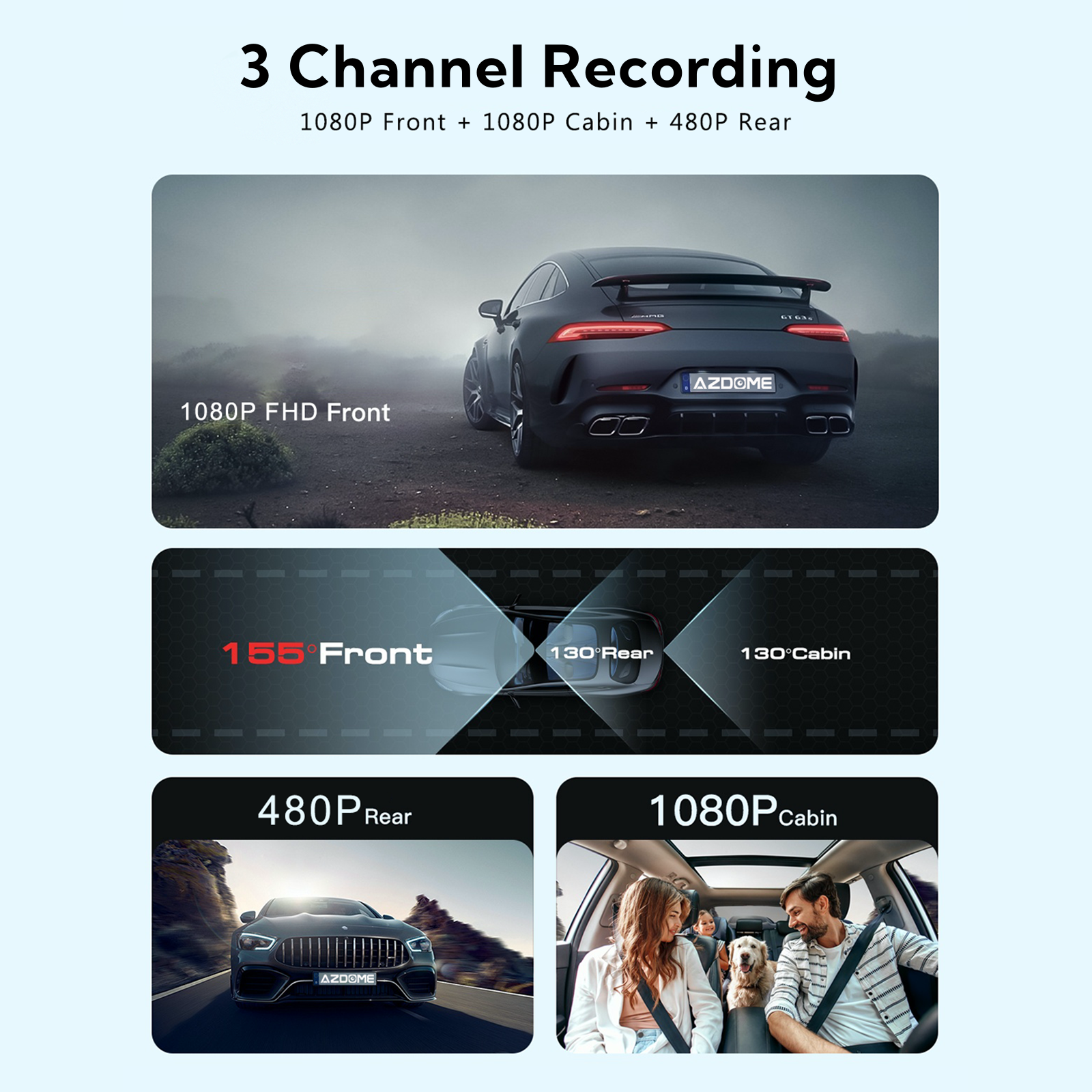 AZDOME V600 3 Channel Dash Cam with Front, Rear & Interior View - 1080P FHD Dashboard Camera, 2.4