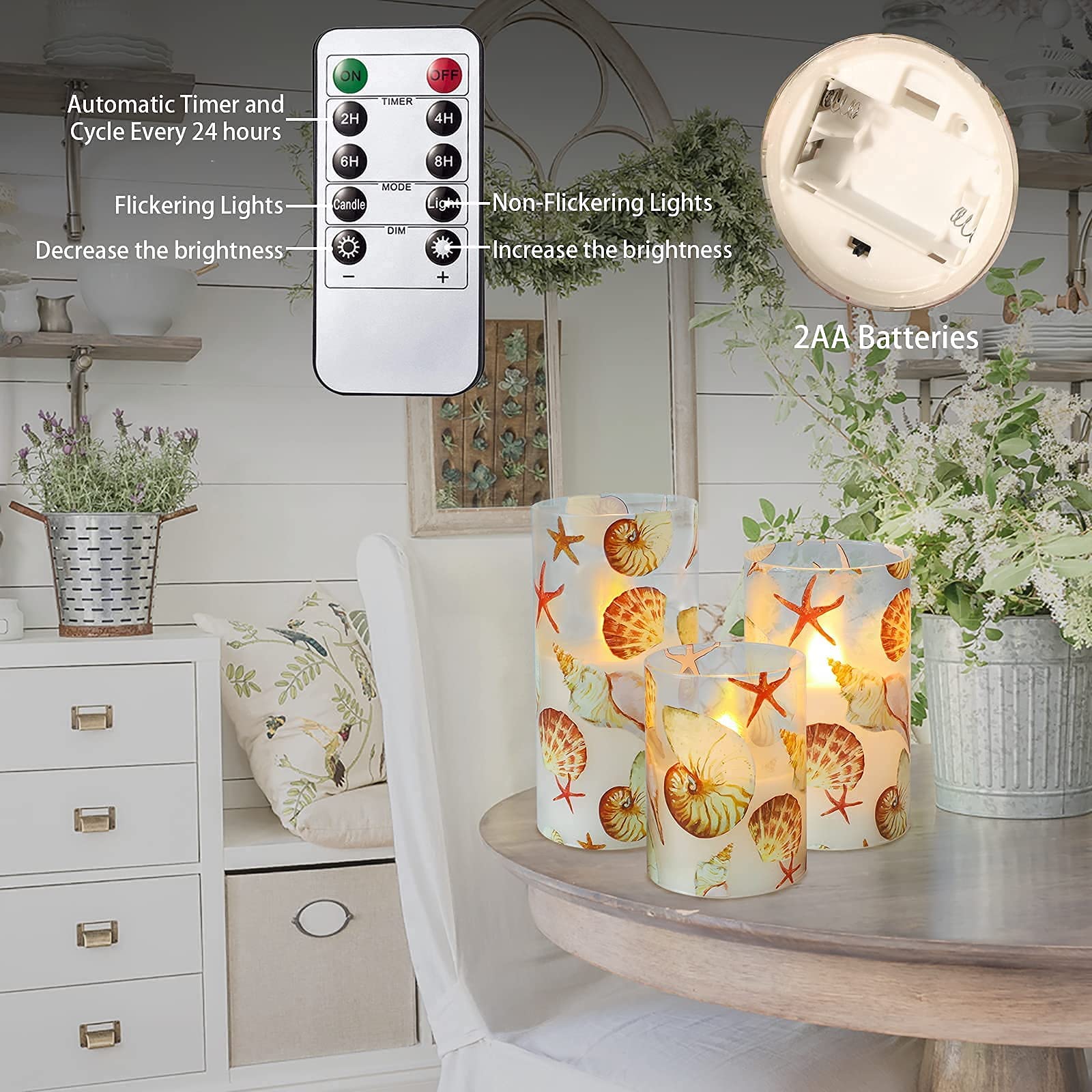 Remote Control LED Battery Operated Candles Set of 3 - Real Wax Ocean Decor with Shell & Starfish for Fireplace, Christmas, Bedroom, Nautical Theme Party & Home Decor | Flameless Safe Lighting for Romantic Ambiance