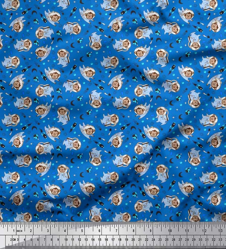 Soimoi Rayon Blue Fabric by The Yard - 56 Inch Wide - Rocket, Planet & Astronaut Monkey Cartoon Kids Textile - Cosmic & Playful Printed Fabric for Kids' Fashion, DIY Projects & Home Decor