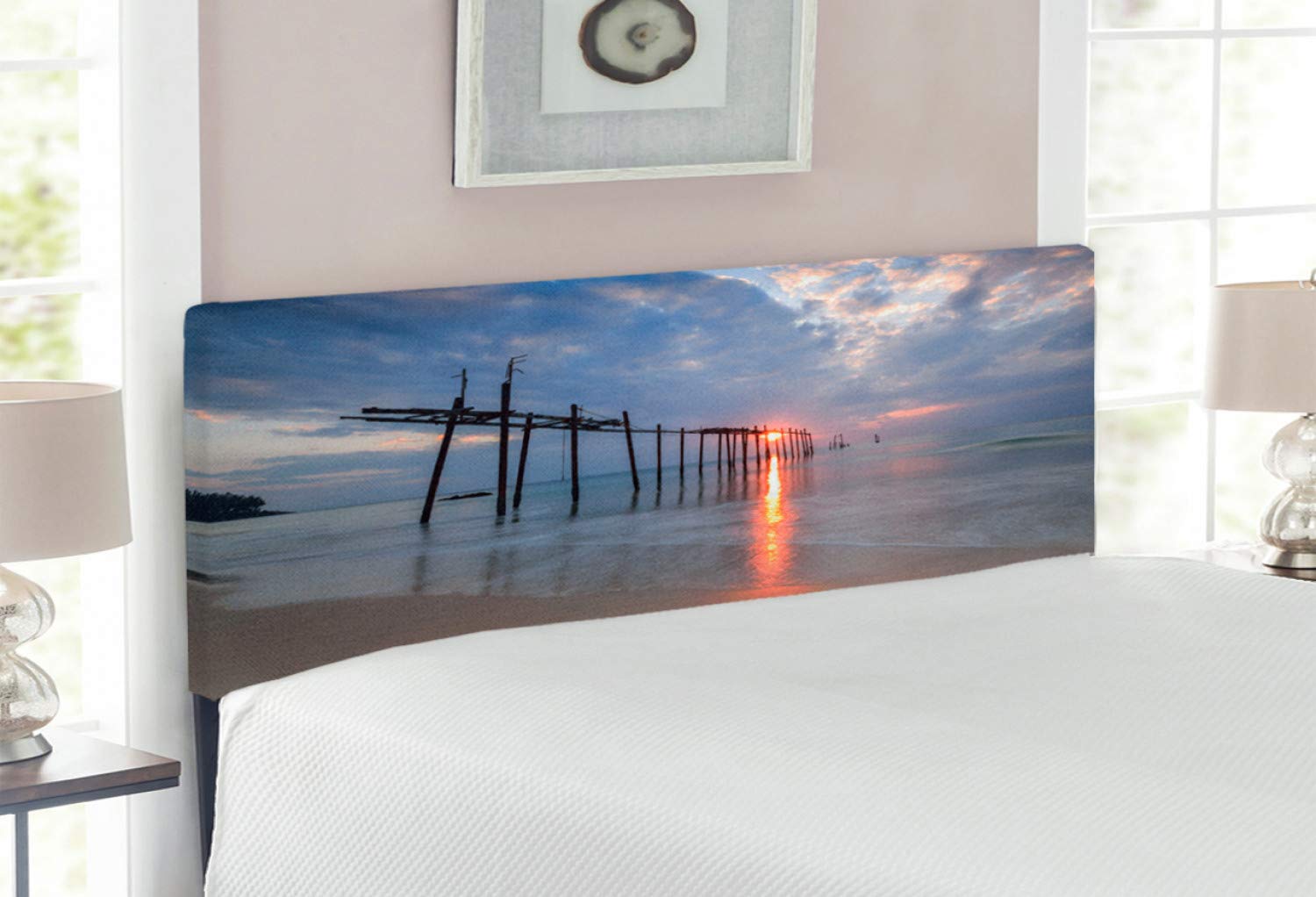 Ambesonne Upholstered Landscape Headboard - Sunbeams & Old Bridge at Pilai Beach Sunset Thailand Tropical Seascape - Decorative Metal Bed Headboard with Memory Foam - Full Size Grey Beige - Perfect for Bedroom Decor & Coastal Theme Interiors