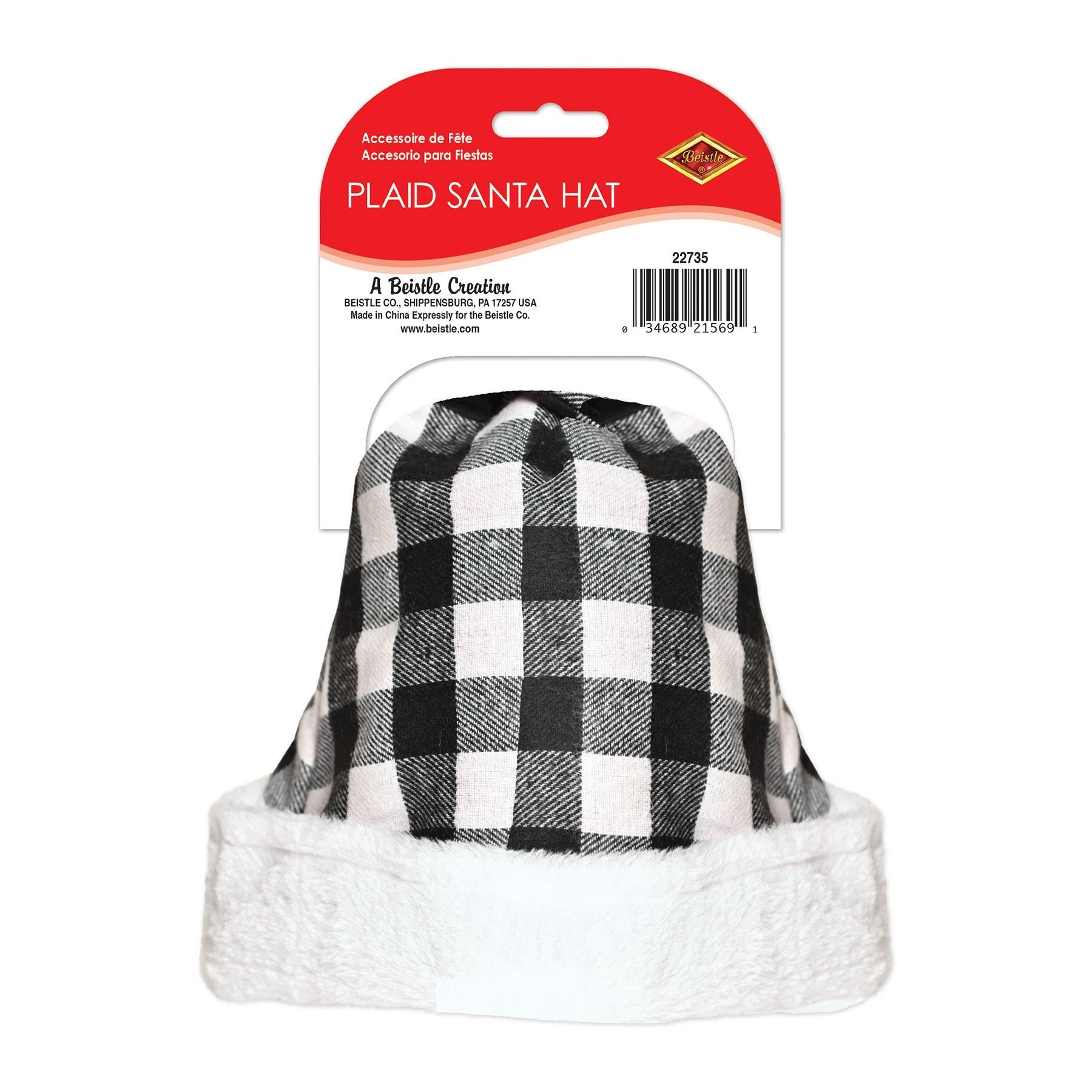12 Pack Beistle Christmas Plaid Santa Hat - Black & White Holiday Party Hats for Xmas Festive Gatherings, Office Celebrations & Family Photos