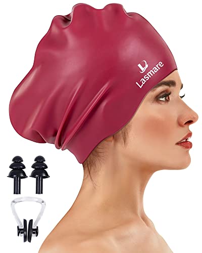 Premium Silicone Swim Cap for Long Thick Hair - Extra Large Waterproof Swimming Cap with Ear Plugs & Nose Clip Set for Women & Men (Burgundy) - Ideal for Swimming, Water Aerobics, Triathlons & Keeping Hair Dry