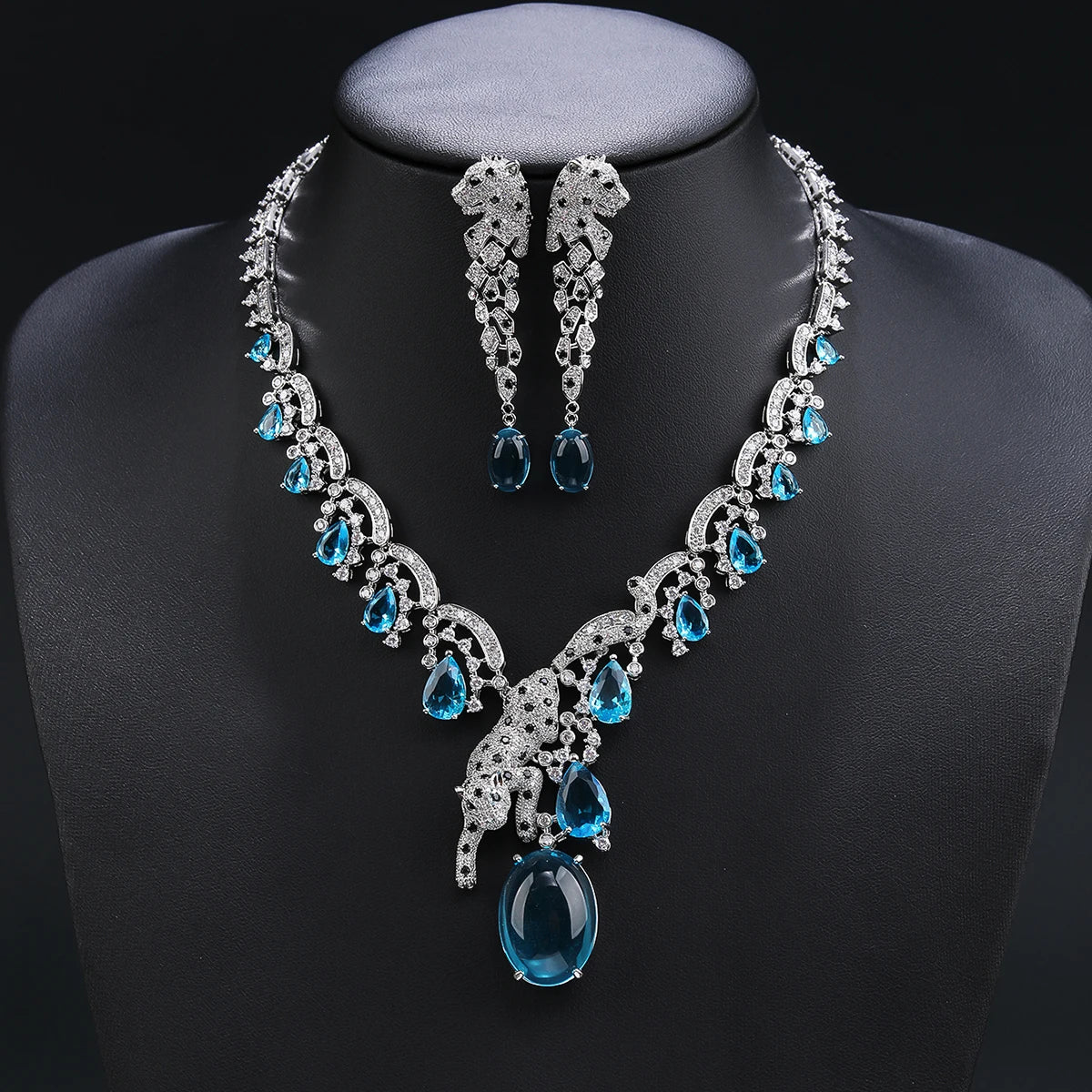Luxury Cubic Zirconia Leopard Necklace & Earrings Set for Women - Red, Blue, Yellow Animal Print Jewelry - Perfect for Parties, Costume Events and Evening Occasions