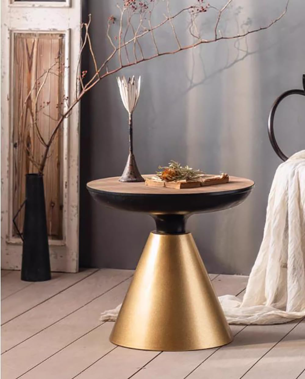 NIUYAO Mid-Century French Style Round Pedestal Side Table - Gold Accent Table for Living Room, Bedroom, Apartment | Perfect as End Table, Nightstand, Coffee Table or Lounge Drinking Table