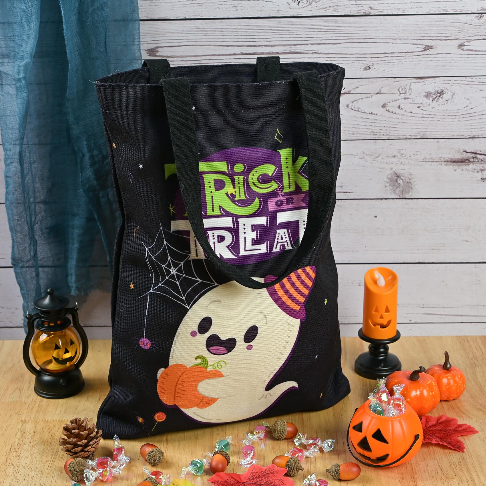 ATFUNSHOP Halloween Trick or Treat Bags - 15.7 Inch Large Reusable Ghost Canvas Tote Bucket for Kids - Perfect for Candy Collection, Halloween Parties & Festive Decorations