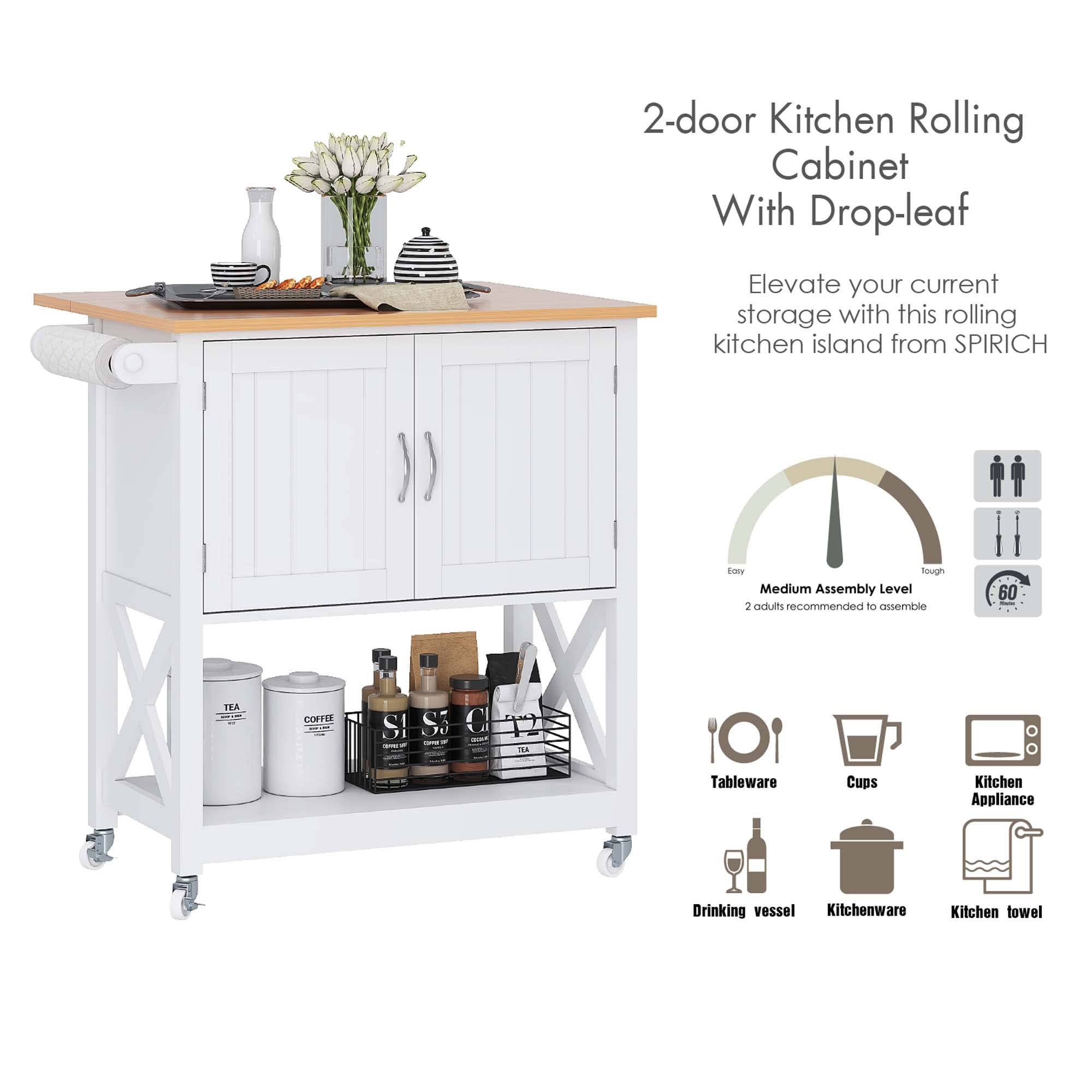 Spirich Kitchen Island on Wheels with Storage Cabinet - White Rolling Kitchen Cart with Drop Leaf & Towel Rack | Portable Mobile Workstation for Small Kitchens, Dining Rooms & Apartments | Perfect for Food Prep, Extra Counter Space & Storage Organization