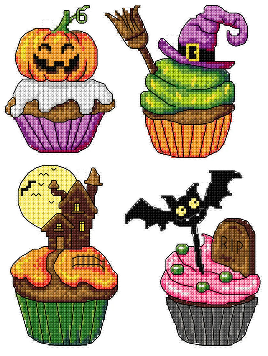 Halloween Cupcakes Counted Cross Stitch Kit - 175 Count Embroidery Kit for Beginners, DIY Halloween Decorations & Home Crafts