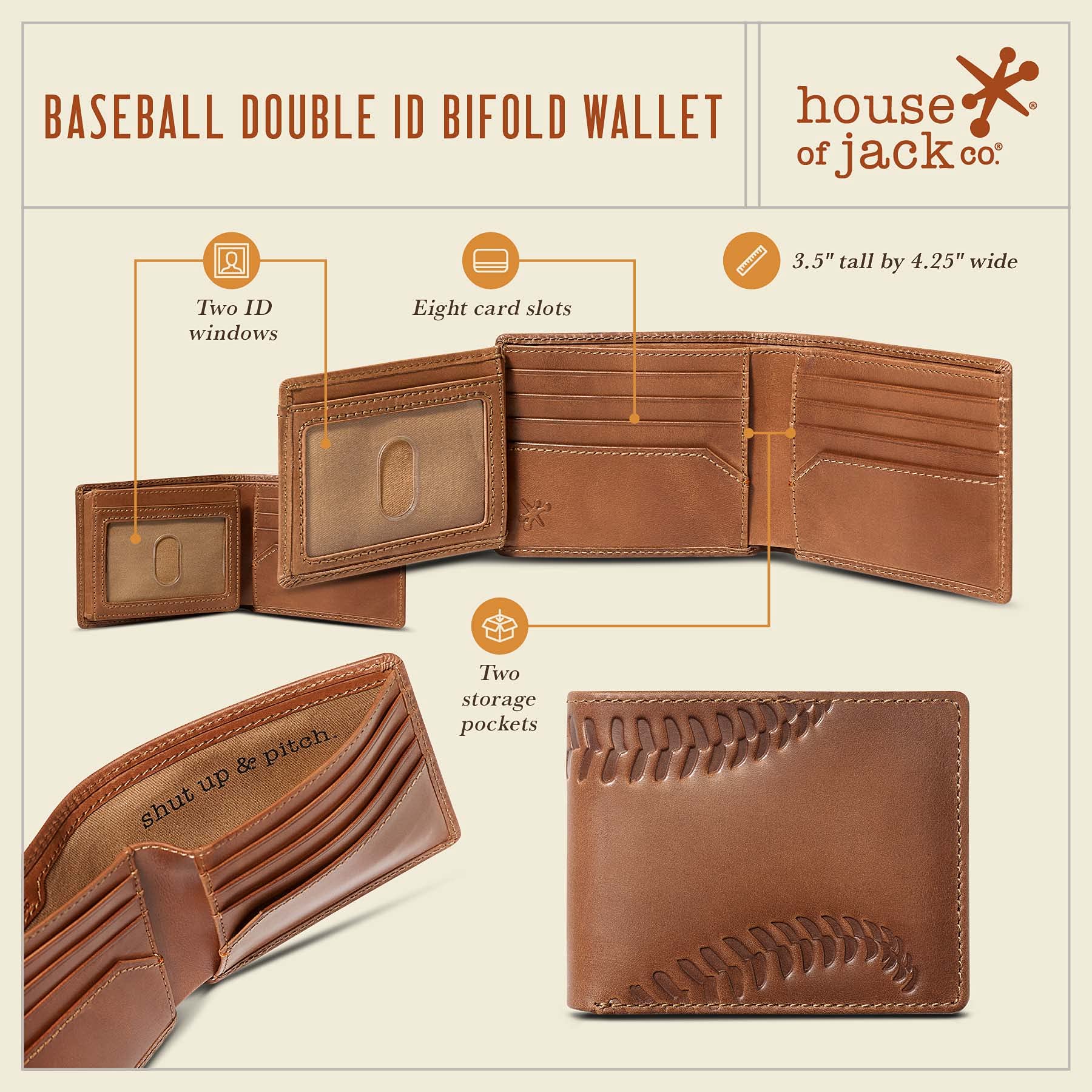 House of Jack Co. Men's Baseball Bifold Wallet - 2 ID Windows, Genuine Full Grain Cowhide Leather, Brown - Perfect Gift for Baseball Fans & Everyday Carry (EDC) Accessories