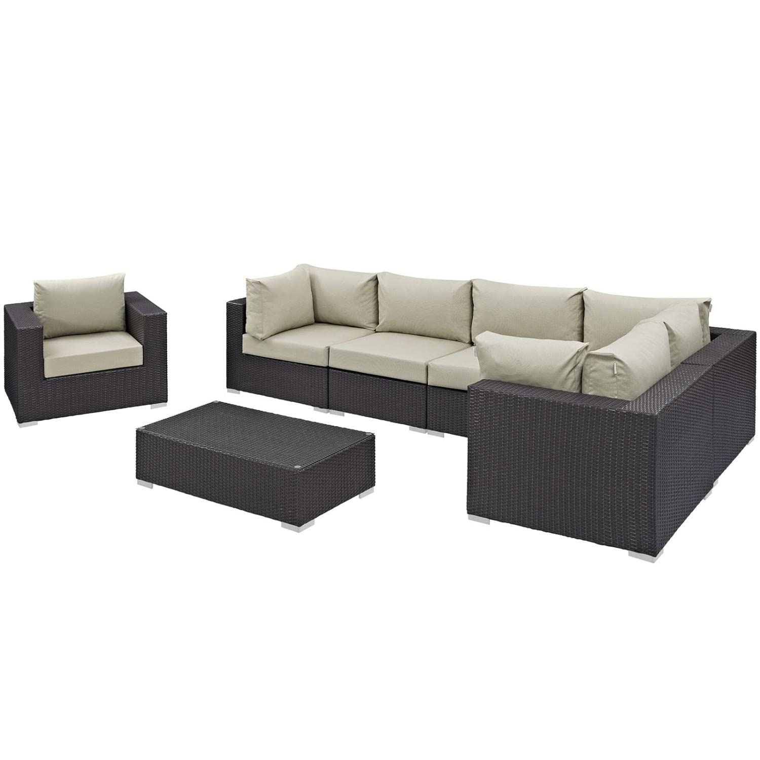 Modway Convene 7-Piece Wicker Rattan Outdoor Patio Sectional Sofa Set - Espresso Beige Color - Perfect for Backyard, Garden, Poolside & Terrace Relaxation