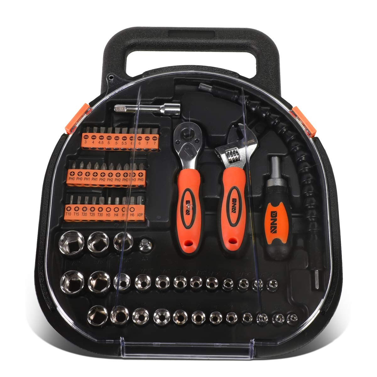 DNA Motoring TOOLS-00026 64-Piece Mechanic's Tool Set - Auto & Home Repair Kit with Screwdriver Bits, Ratchet, Wrench - Orange/Black Hand Tool Box for Car Maintenance, DIY Projects, and Household Fixes