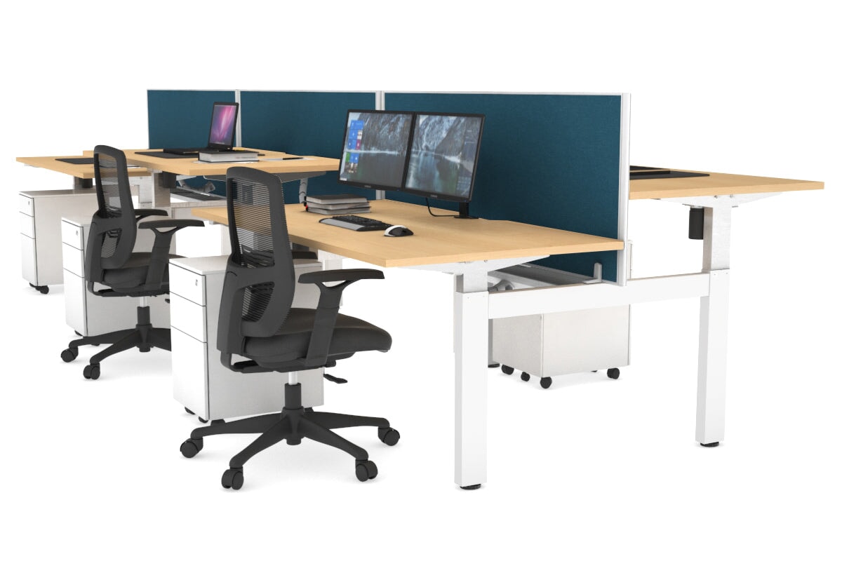 Height Adjustable 6-Person H Bench Workstation with White Frame - 1600L x 800W, Cable Management Scallop | Ideal for Office, Coworking Spaces & Collaborative Work Environments