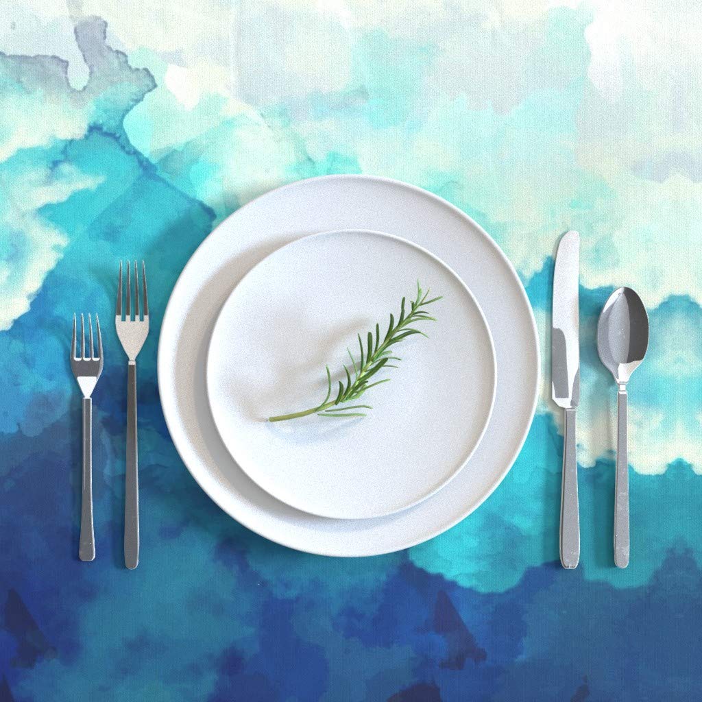 Watercolor Blue White Clouds Cotton Sateen Tablecloth 70x120 Inches - Soft Pastel Easter Sky Tie Dye Weather Print Custom Table Linens for Dining Room, Party Decor & Outdoor Picnics