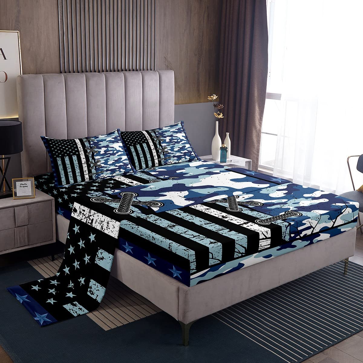 USA Flag Bedding Set Full Size - Patriotic Military Camo Sheet Set for Boys, Teens & Adults - Vintage Army Camouflage Design with 1 Flat Sheet, 1 Fitted Sheet & 2 Pillowcases - Perfect for Bedroom, Dorm, Military Themed Rooms & Patriotic Holidays
