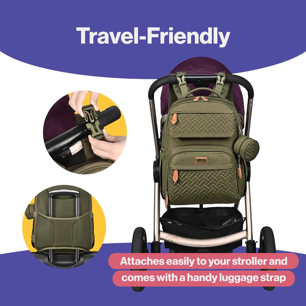 BabbleRoo Multifunctional Waterproof Diaper Backpack for Parents - Unisex Baby Travel Bag with Changing Pad, Pacifier Case & Stroller Straps (Army Green) | Perfect for Daycare, Air Travel & Family Outings