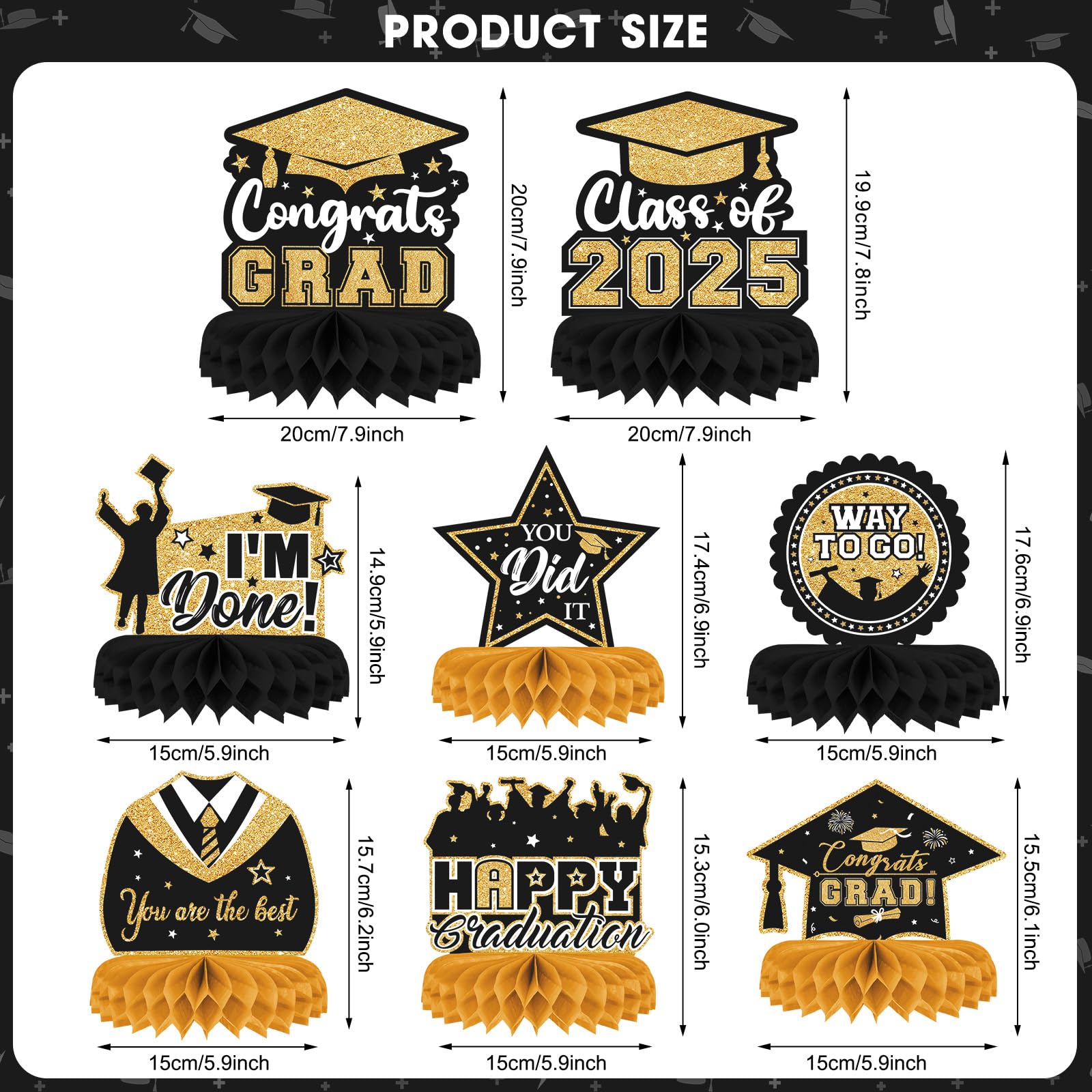 8-Piece Class of 2025 Graduation Table Decor Set - Black & Gold Honeycomb Centerpieces for Grad Party, Congrats Grad Table Toppers - Perfect for High School & College Graduation Ceremonies, Photo Backdrops & Celebration Decorations