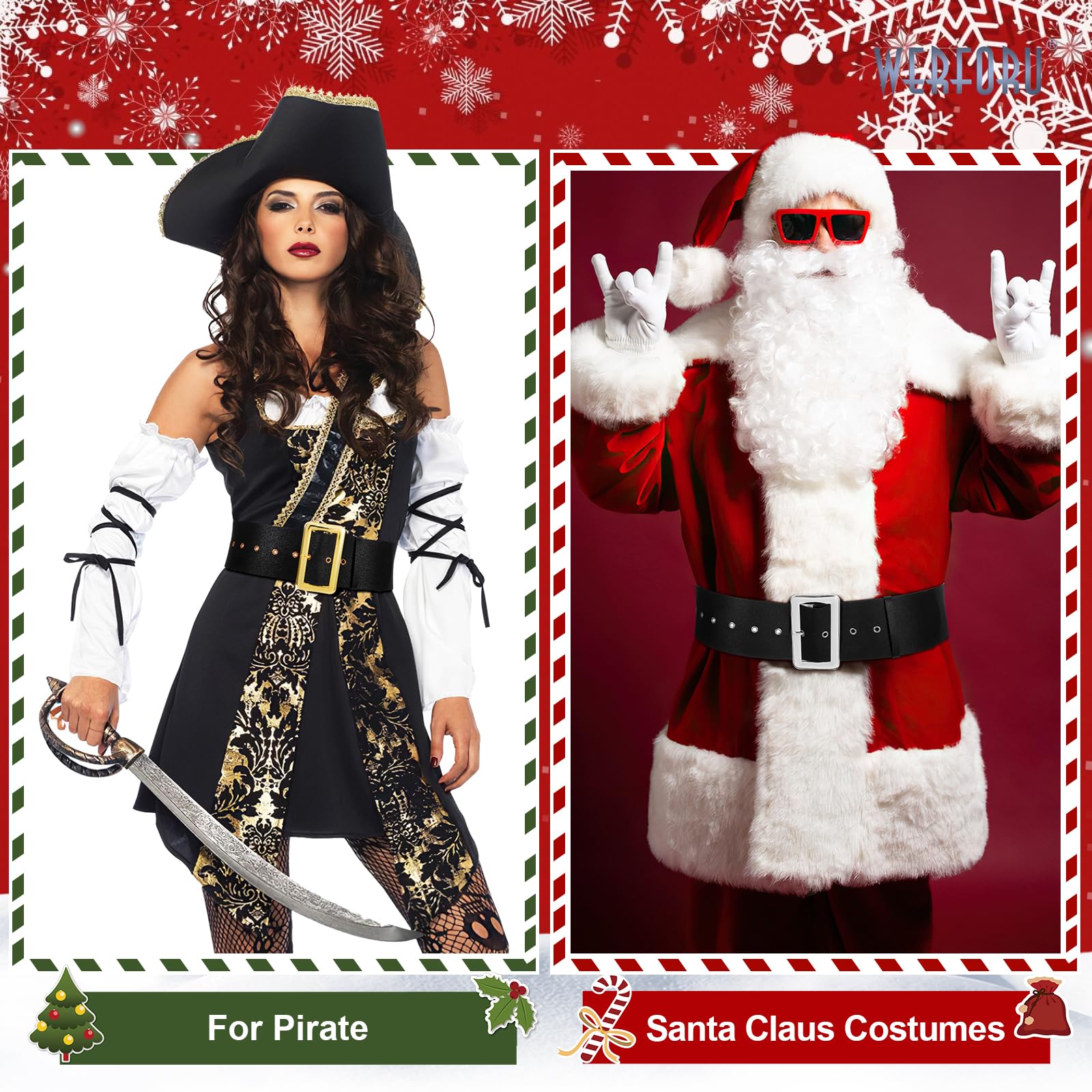 WERFORU Santa Claus Belt - Black Pirate Wide Belt for Adults Men & Women - Christmas Costume Accessory for Holiday Parties & Cosplay