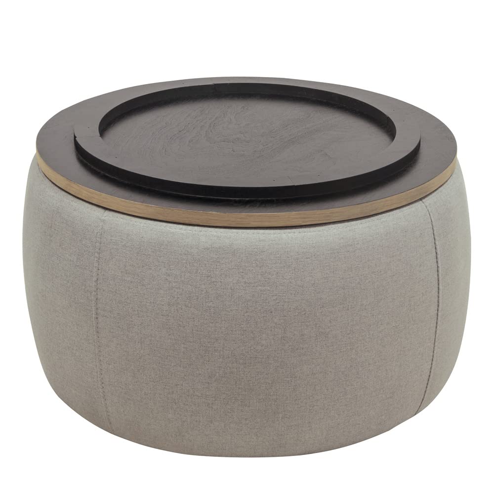 2-in-1 Round Storage Ottoman with Removable Tray - Upholstered Pleated Footrest Stool & Coffee Table - Light Grey Accent Furniture for Living Room, Bedroom, Vanity | Perfect as Makeup Stool, Side Table & End Table