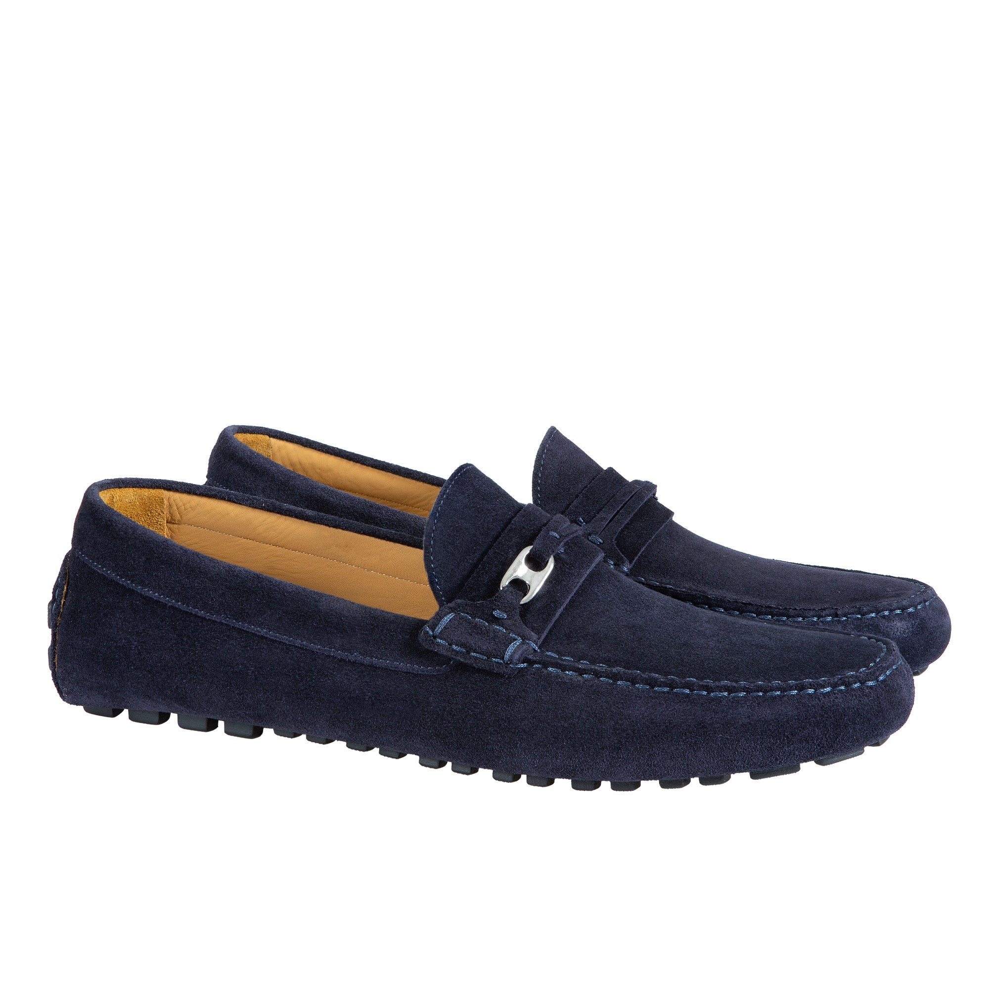 Premium HENRY SARTORIAL Men's Calfskin Leather Driving Loafers with Metal Trim - Navy Blue - Comfortable Slip-On Shoes for Business Casual & Weekend Wear
