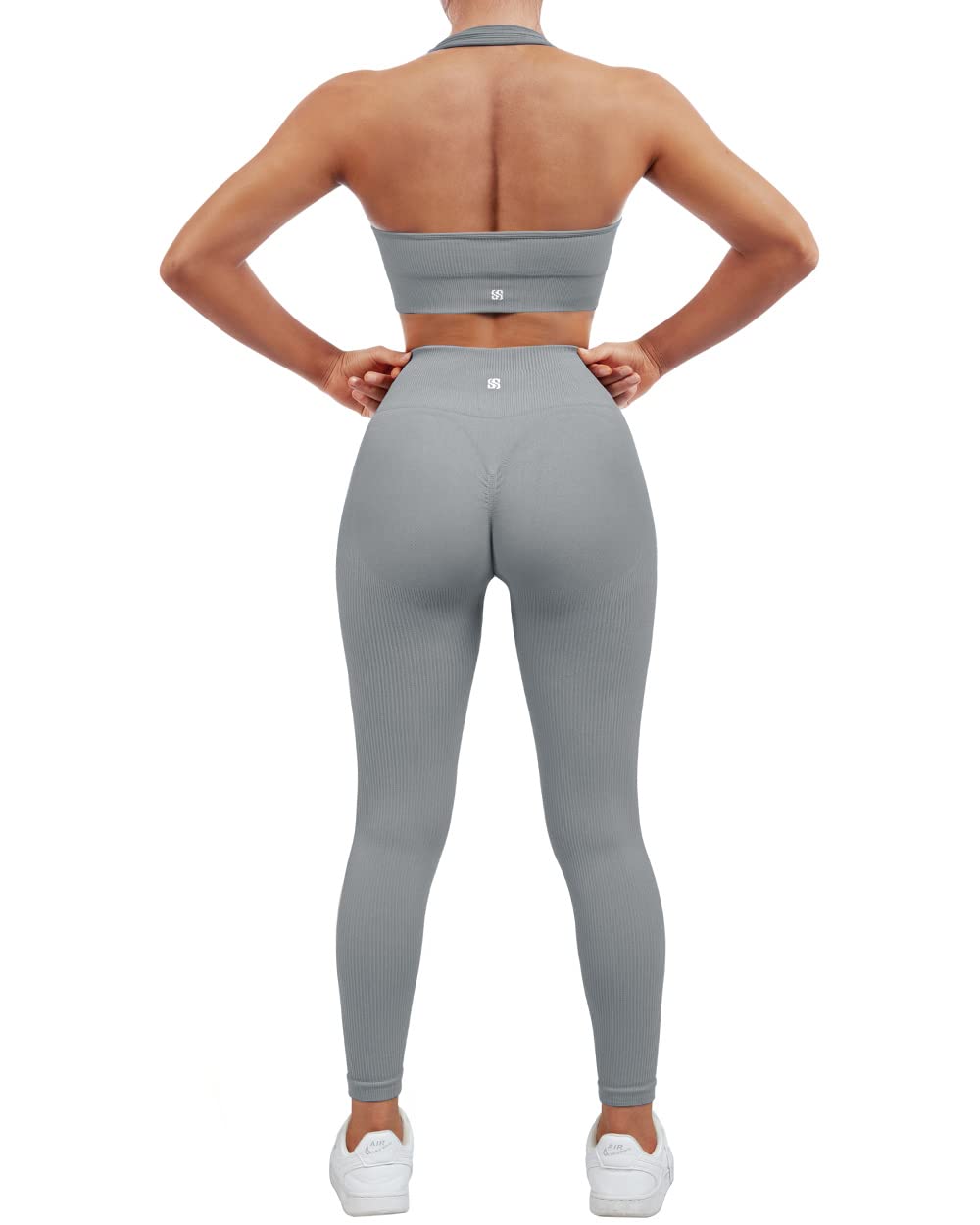 SUUKSESS Women's Seamless Ribbed Workout Set - Backless Sports Bra & High Waisted Biker Shorts for Yoga, Gym & Running | Activewear Outfit for Women