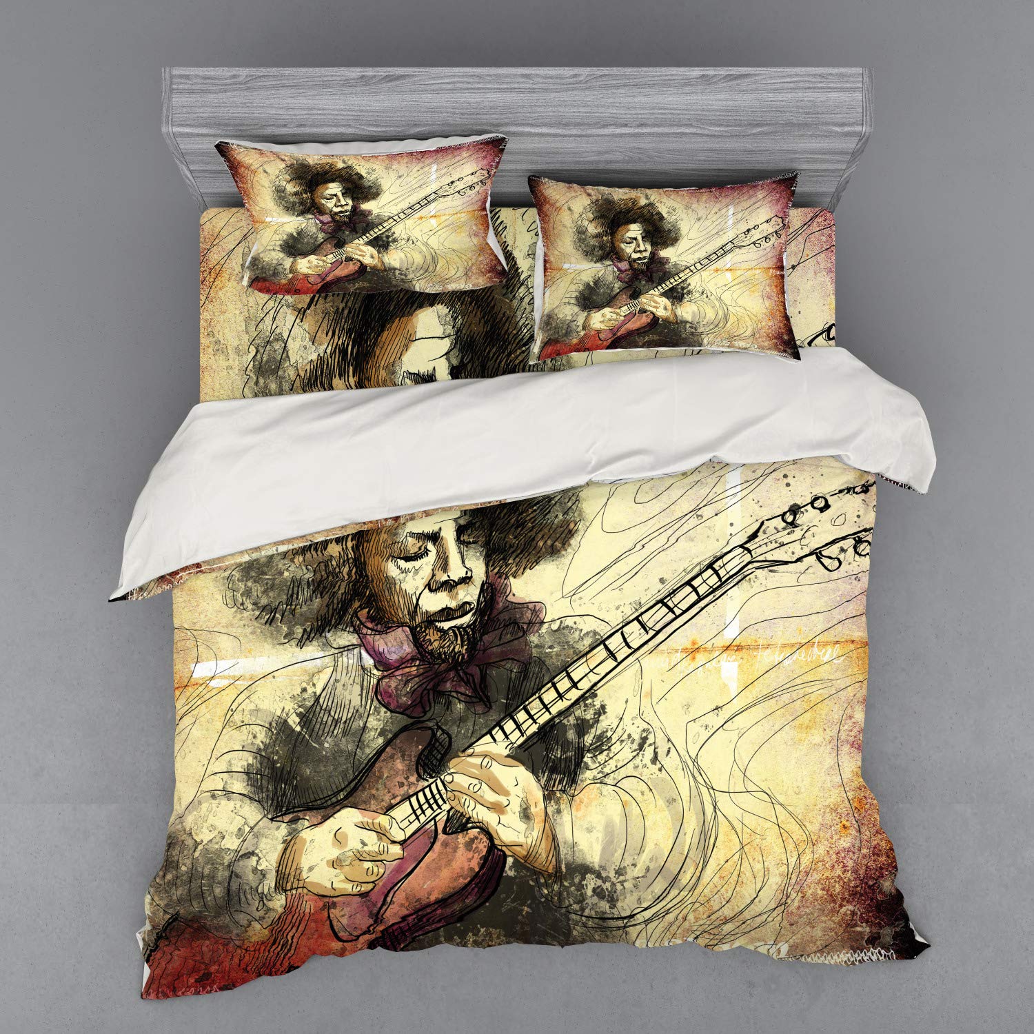 Ambesonne Jazz Music 4-Piece King Size Bedding Set - Hand Drawn Guitar Player Illustration Duvet Cover with Shams & Fitted Sheet, Brown Beige Black - Perfect for Music Lovers' Bedrooms & Jazz Themed Decor