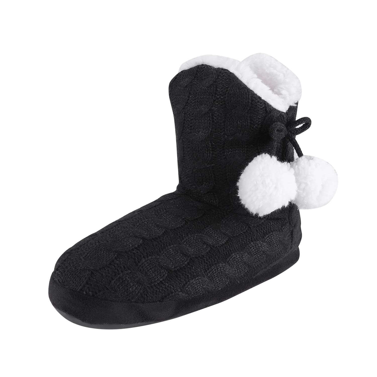 Women's Knitted Plush Bootie Slippers - Warm Winter Ankle Boot Slippers with Pom-Pom for Indoor Home Use | Cozy Gift for Ladies & Girls | Perfect for Lounging, Relaxing & Cold Weather Comfort