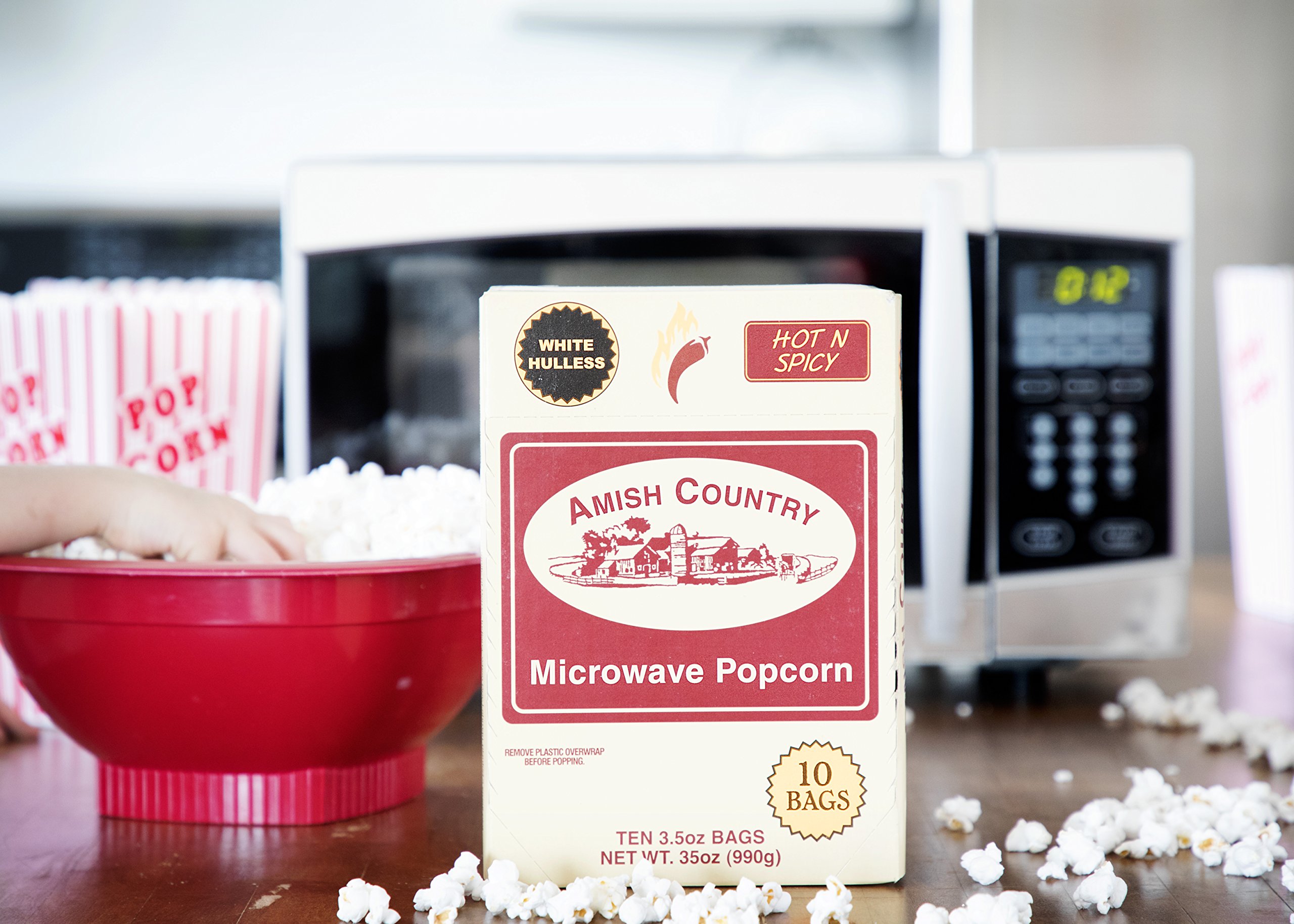 Amish Country Popcorn - Hot & Spicy White Hulless Microwave Popcorn - Non-GMO, Gluten Free, Kosher Certified (10 Bags) - Perfect for Movie Nights, Snacking & Party Favors
