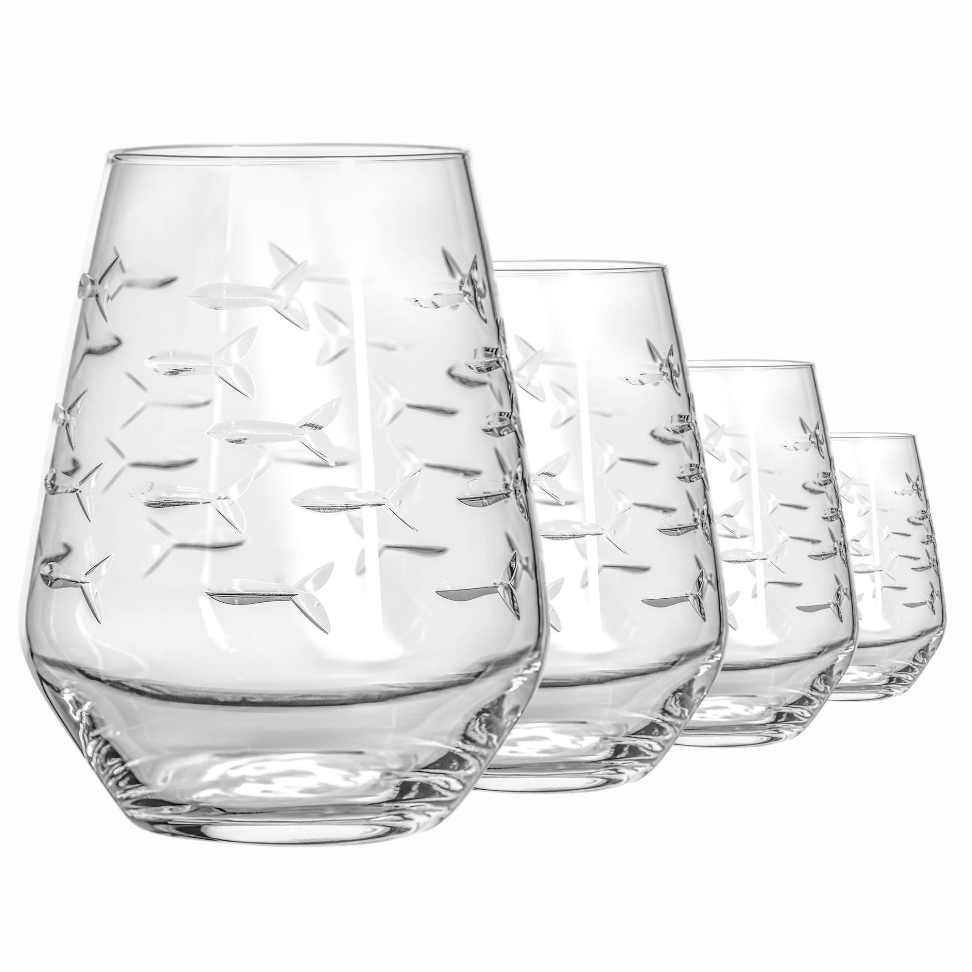 Rolf Glass School of Fish Stemless Wine Tumblers - Set of 4 Lead-Free 18oz Glasses | Hand Engraved & Polished in USA | Perfect for Parties, Gifts & Home Decor
