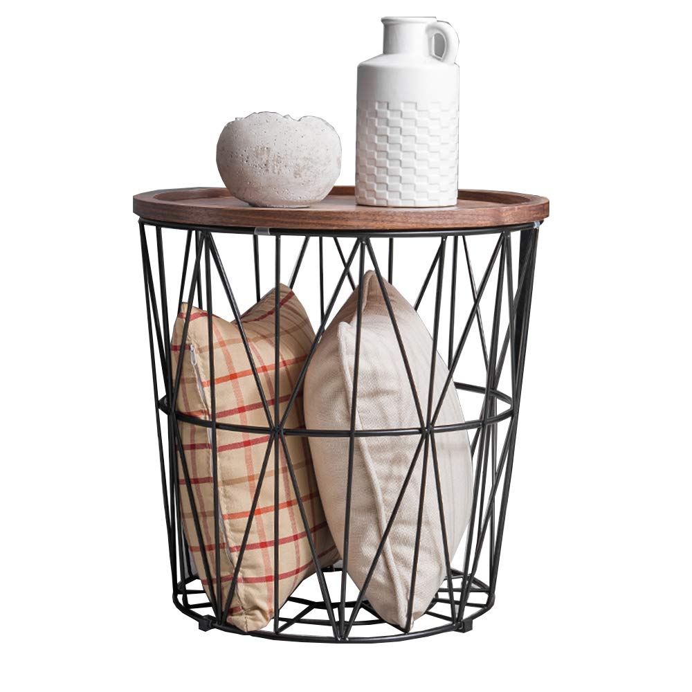 Zhirong Black Metal Wire Basket with Wooden Top - 50x50cm Side Table, Coffee Table Tray, Storage Organizer for Living Room, Bedroom, Office & Outdoor Use