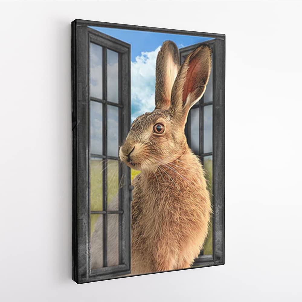 AETICON 3D Window View Rabbit Wall Art - Cute Bunny Poster Canvas Painting for Easter Decor, Funny Rabbit Lover Gift - Perfect for Living Room, Kids Room, Nursery & Farmhouse Decor (Home Decor, Wall Hanging, Gift Idea)