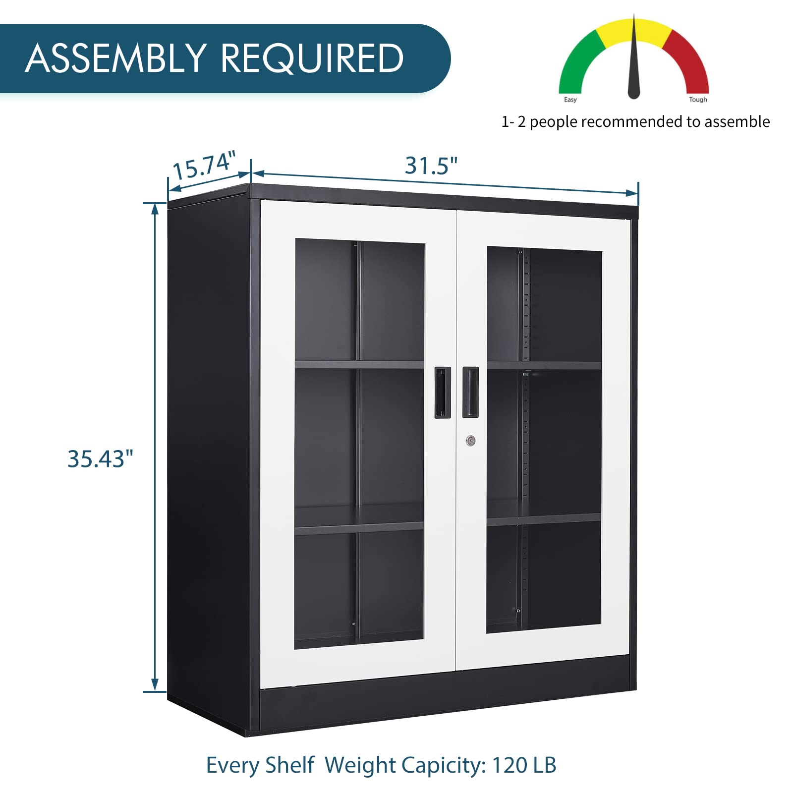 MIIIKO Metal Display Cabinet with Glass Doors & Lock - 2 Adjustable Shelves Storage Locker for Home, Office, School, Kitchen & Living Room - Perfect for Showcasing Collectibles, Storing Valuables & Organizing Spaces