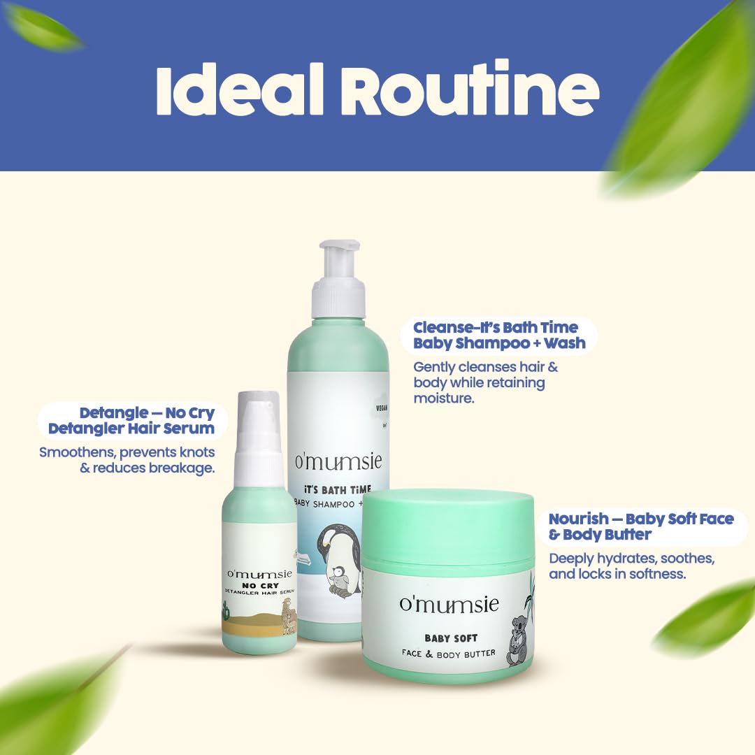 O'mumsie Baby Care Gift Set - Detangling Hair Serum (50ml), Nourishing Face & Body Butter (100g), Gentle Baby Wash & Shampoo (250ml) | Complete Newborn Skincare Kit in Beautiful Gift Box | Perfect for Baby Showers, Christenings & Daily Care Routines
