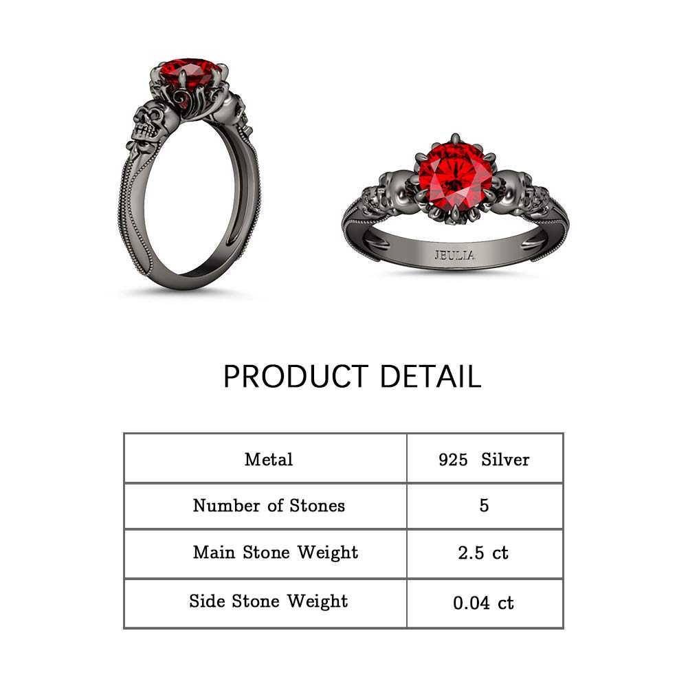 Jeulia 2.5 Carat Black Tone Wedding Ring for Women - 925 Sterling Silver Skull Eternity Band with Round Cut Diamond & Ruby - Romantic Anniversary Jewelry Gift for Her - Perfect for Gothic Weddings, Valentine's Day & Alternative Fashion