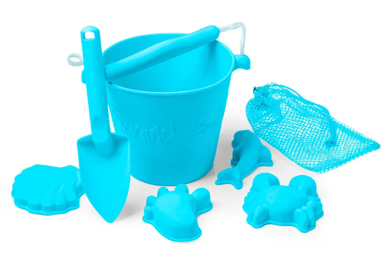 Blue Fish Scrunch Beach Bundle Set with Bucket, Spade, Rake & Sand Molds - Perfect for Kids Beach Toys, Sandcastle Building & Summer Outdoor Play