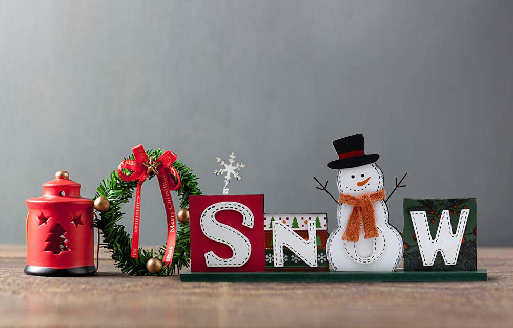 YK Decor Christmas Wood Sign - HOHOHO & SNOW Freestanding Holiday Decor with Santa & Snowman - Perfect for Fireplace Mantel, Entryway, or Christmas Table Centerpiece - Rustic Home Holiday Decoration