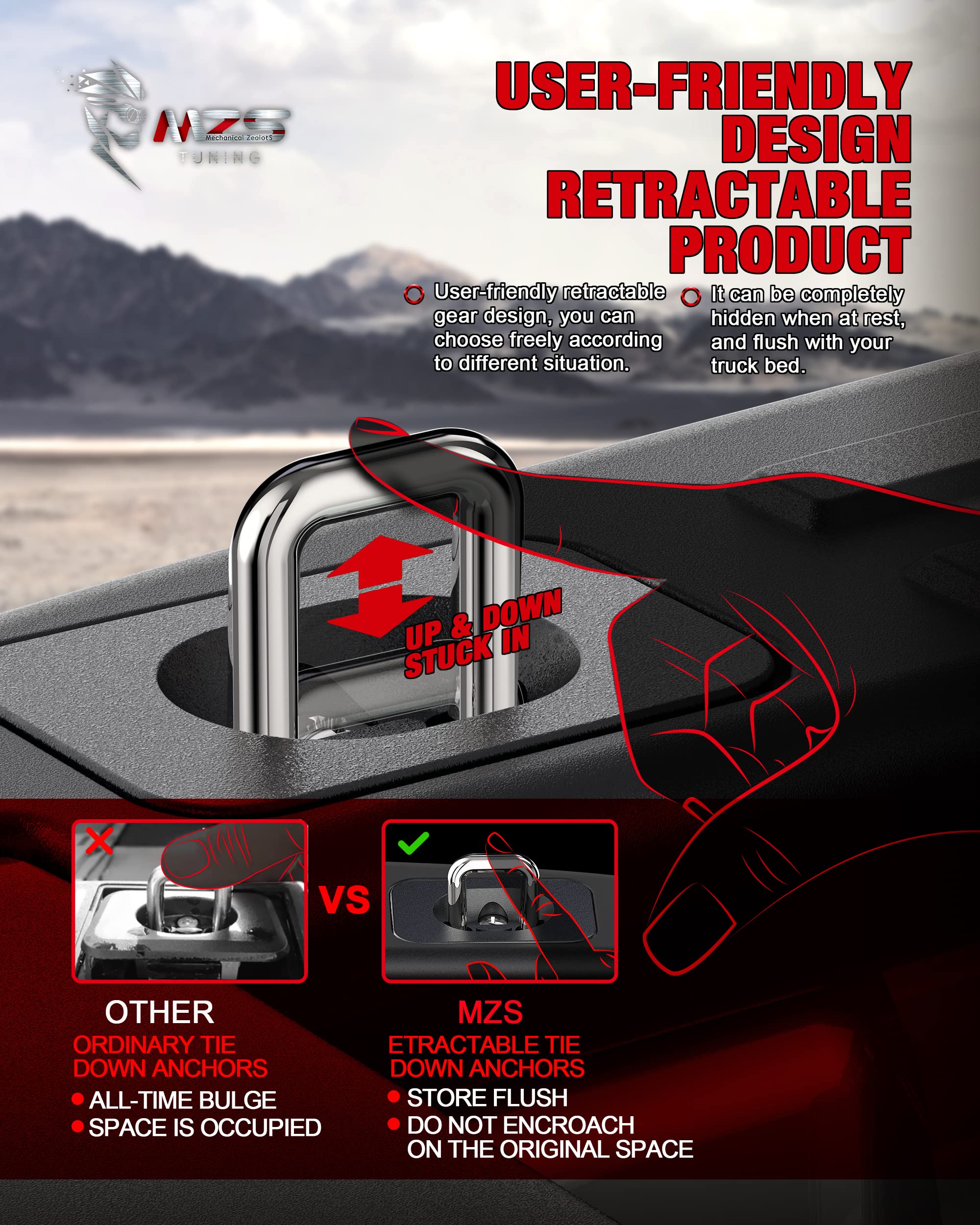 MZS Retractable D-Ring Tie Down Anchors - Heavy Duty All Metal Design - Compatible with 1998-2025 Ford F150, 2017-2025 F250/F350 Super Duty & Raptor (2 Pack) - Perfect for Truck Bed Cargo Securing, Towing, and Off-Road Adventures