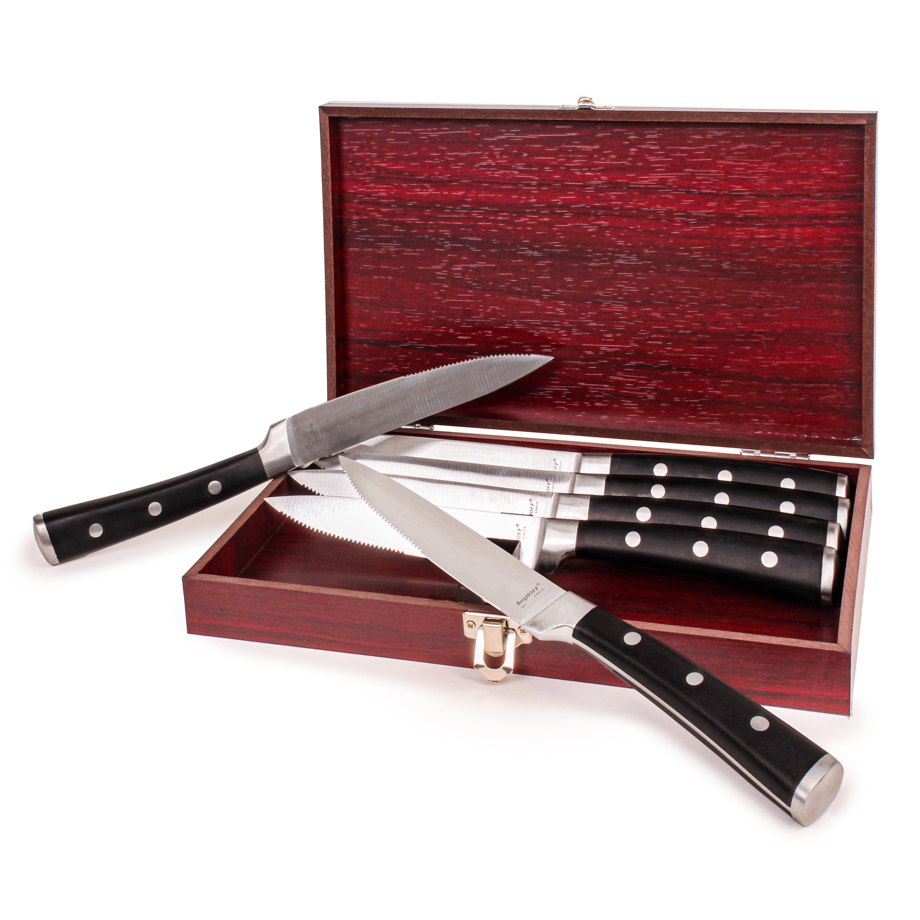 BergHOFF Essentials Classico 7-Piece Stainless Steel Steak Knife Set with Wooden Case - Sharp & Durable Knives for Steak, Meat, and BBQ - Perfect for Dining, Gifting, and Home Kitchen Use
