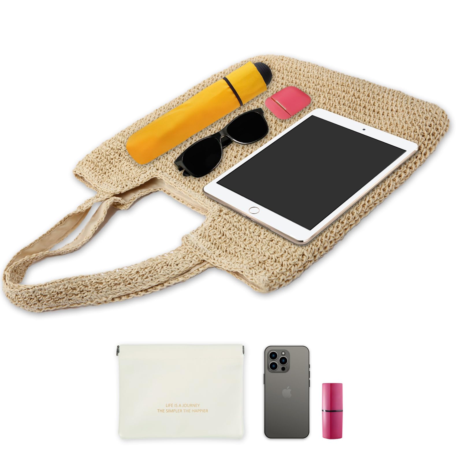 Large Straw Beach Bag for Women with Coin Purse - Woven Tote Summer Shoulder Handbag | Perfect for Vacation, Poolside, Travel & Shopping