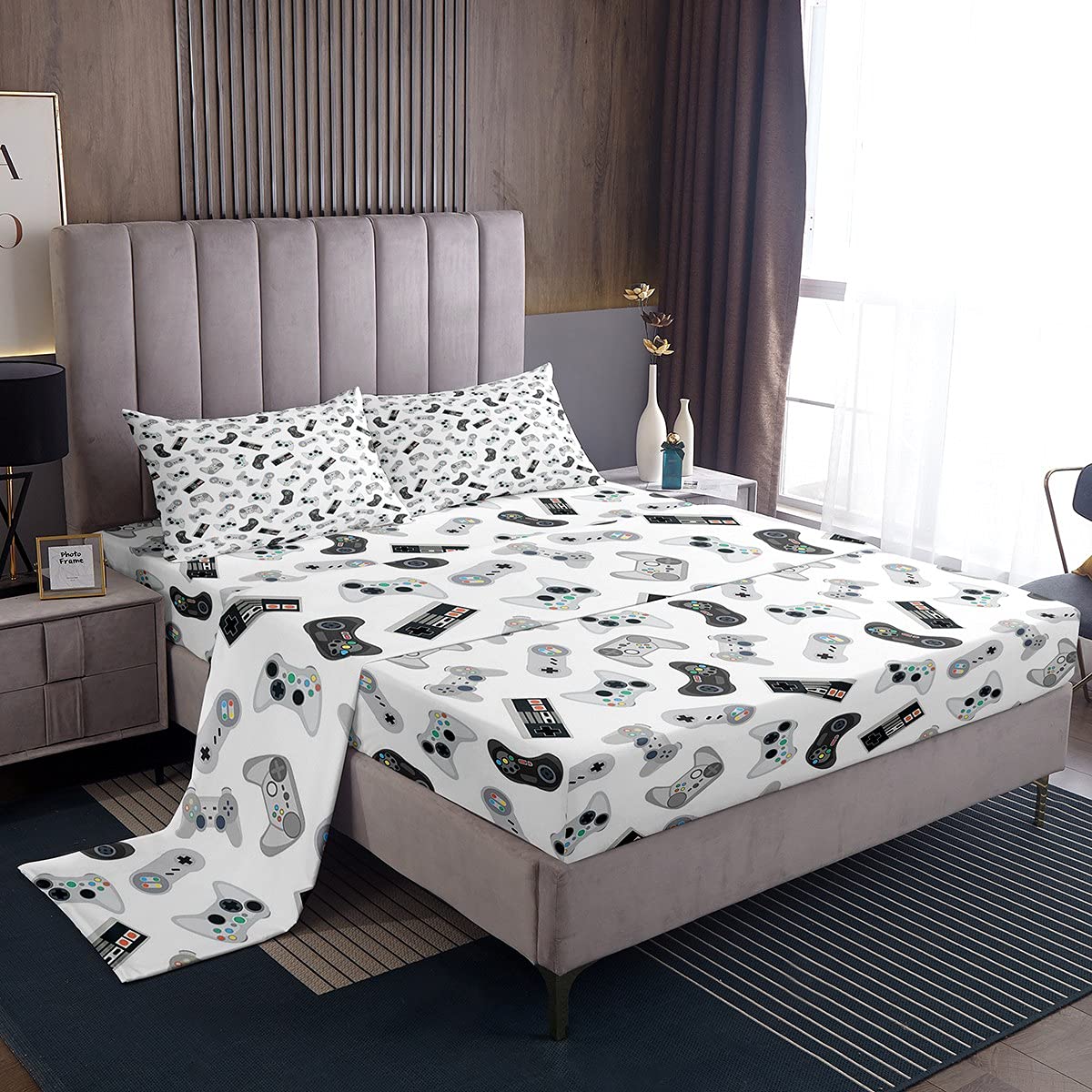 Manfei Twin Size Gaming Bedding Set for Teens - 3PCS Video Game Themed Sheet Set with Deep Pocket Fitted Sheet, Flat Sheet & Pillowcase - Boys Gamer Controller Design for Bedroom & Game Room Decor - Perfect for Sleepovers, Gaming Sessions & Teen Room Makeovers