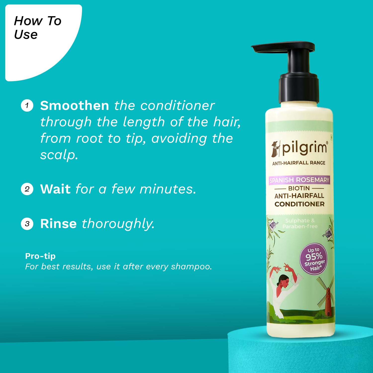 Pilgrim Spanish Rosemary & Biotin Anti-Hair Fall Conditioner - Reduce Hair Loss & Breakage | 95% Stronger Hair | All Hair Types | Men & Women | 200ml | Daily Hair Care for Thicker, Healthier Locks