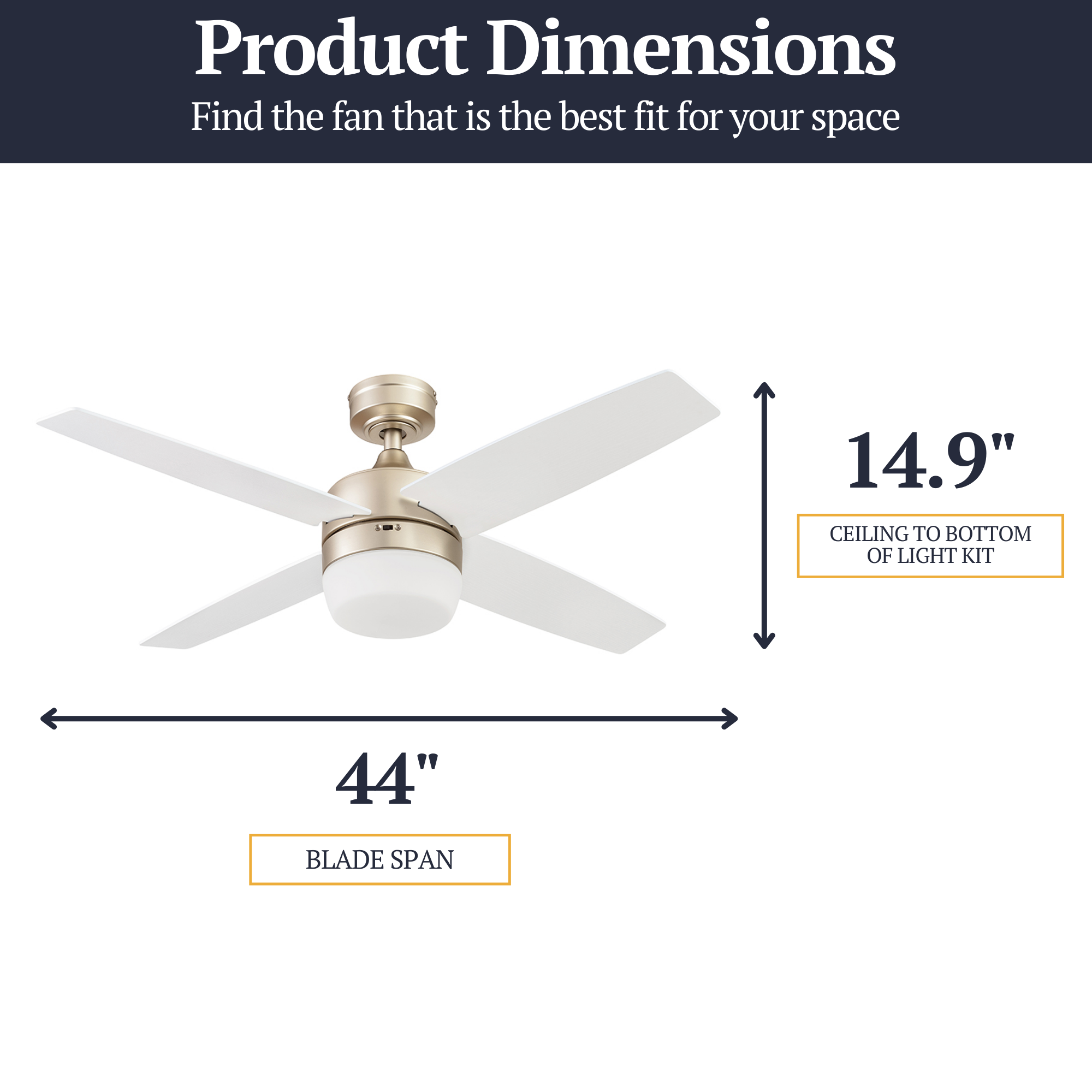 44 Inch Atlas Soft Gold Ceiling Fan with Remote Control - Modern Lighting for Bedroom, Living Room & Office