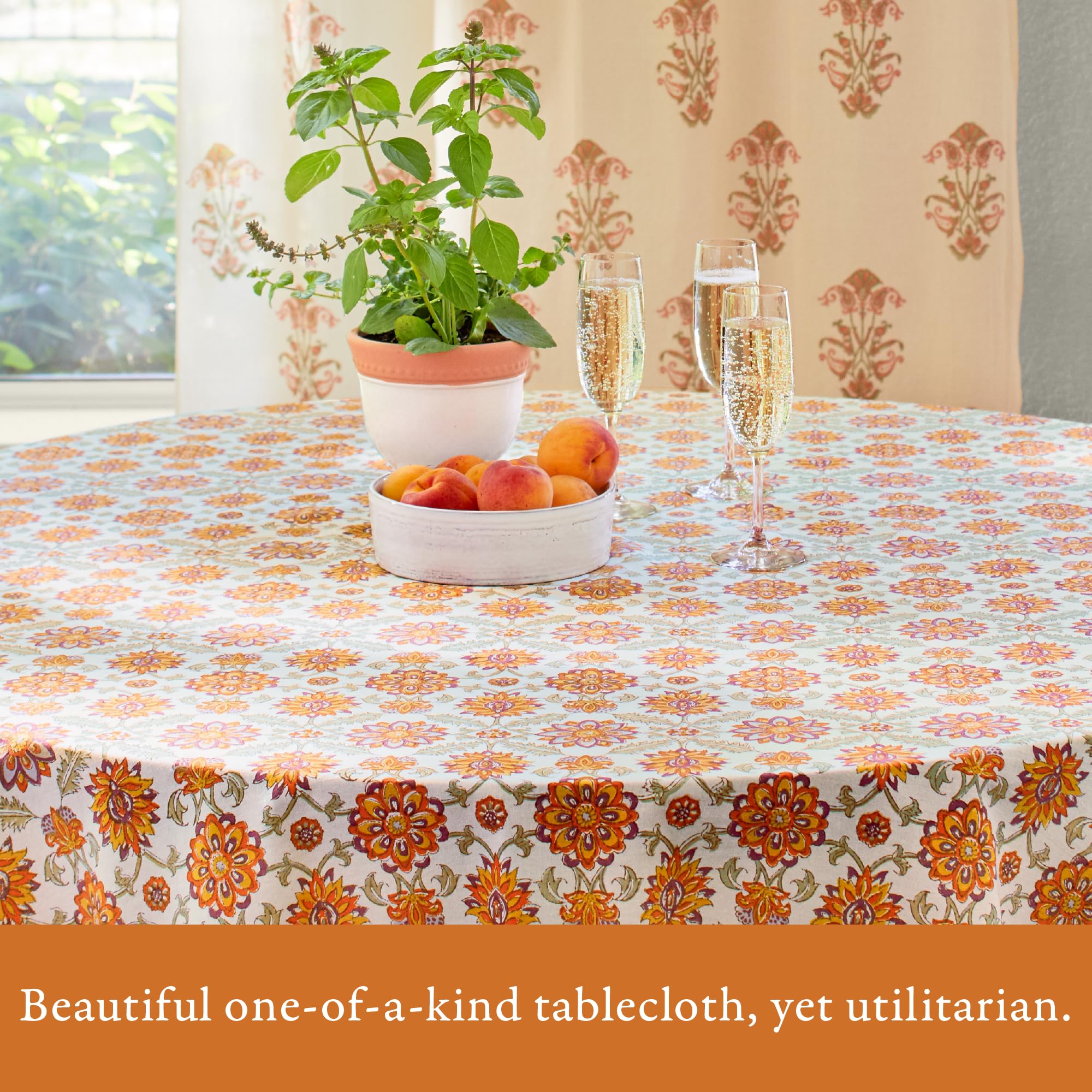 Luxury 100% Cotton Round Hand Block Printed Tablecloth - Orange Blossom Design, Washable & Durable for Home Decor, Perfect for Kitchen, Coffee or Dining Table (70 Inch) - Ideal for Dinner Parties, Family Gatherings & Everyday Use