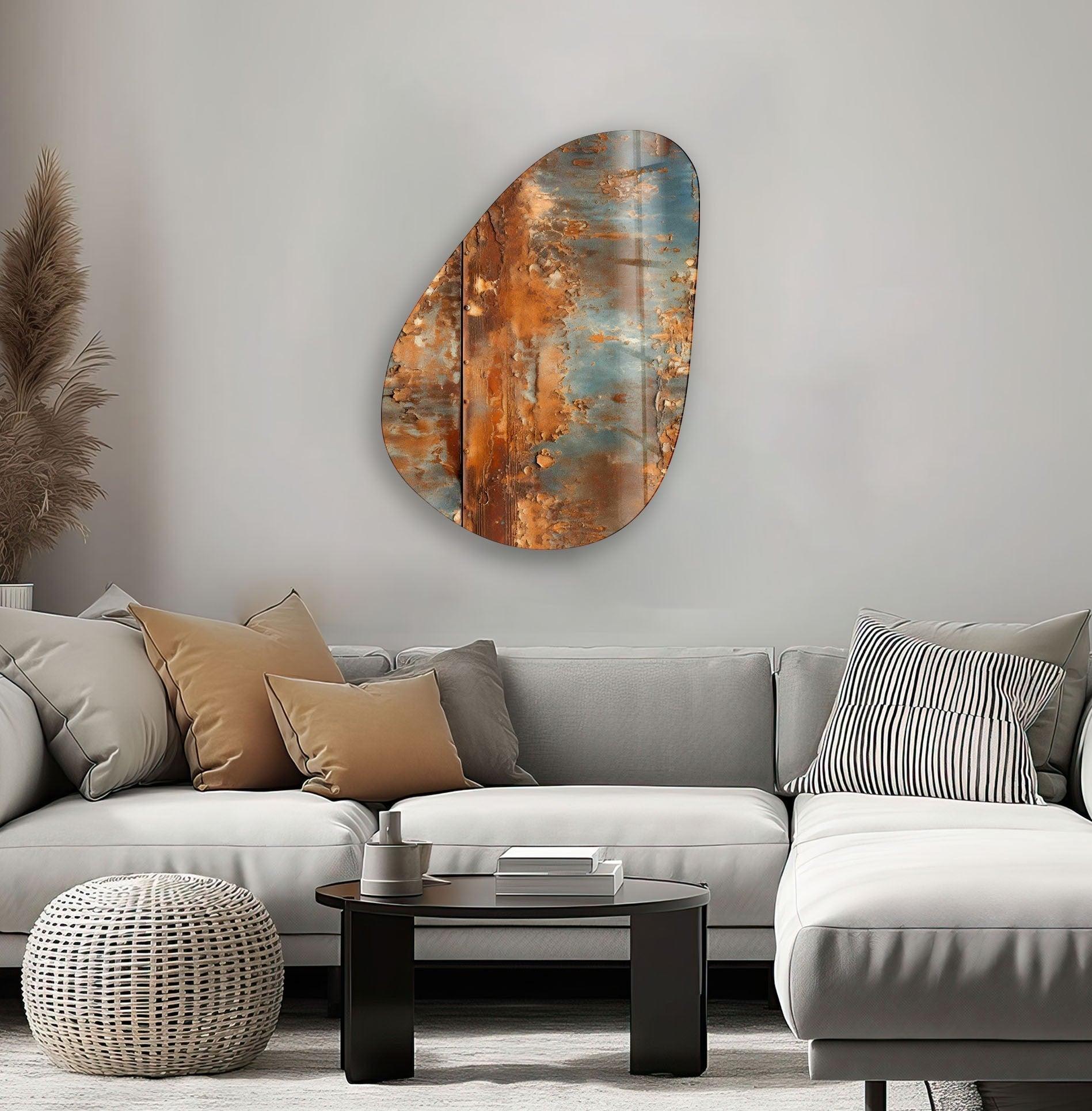 Modern Asymmetrical Oval Abstract Rusty Glass Wall Art Decor - Handmade Rustic Home & Office Decoration for Living Room, Bedroom, or Dining Area