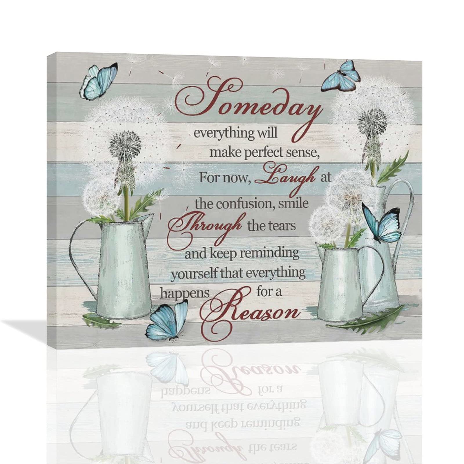 Dandelion Wall Art with Teal Butterfly - Rustic Farmhouse Canvas Prints, Framed Inspirational Quotes Decor for Bathroom, Living Room & Bedroom - Perfect for Home, Office & Gift Giving