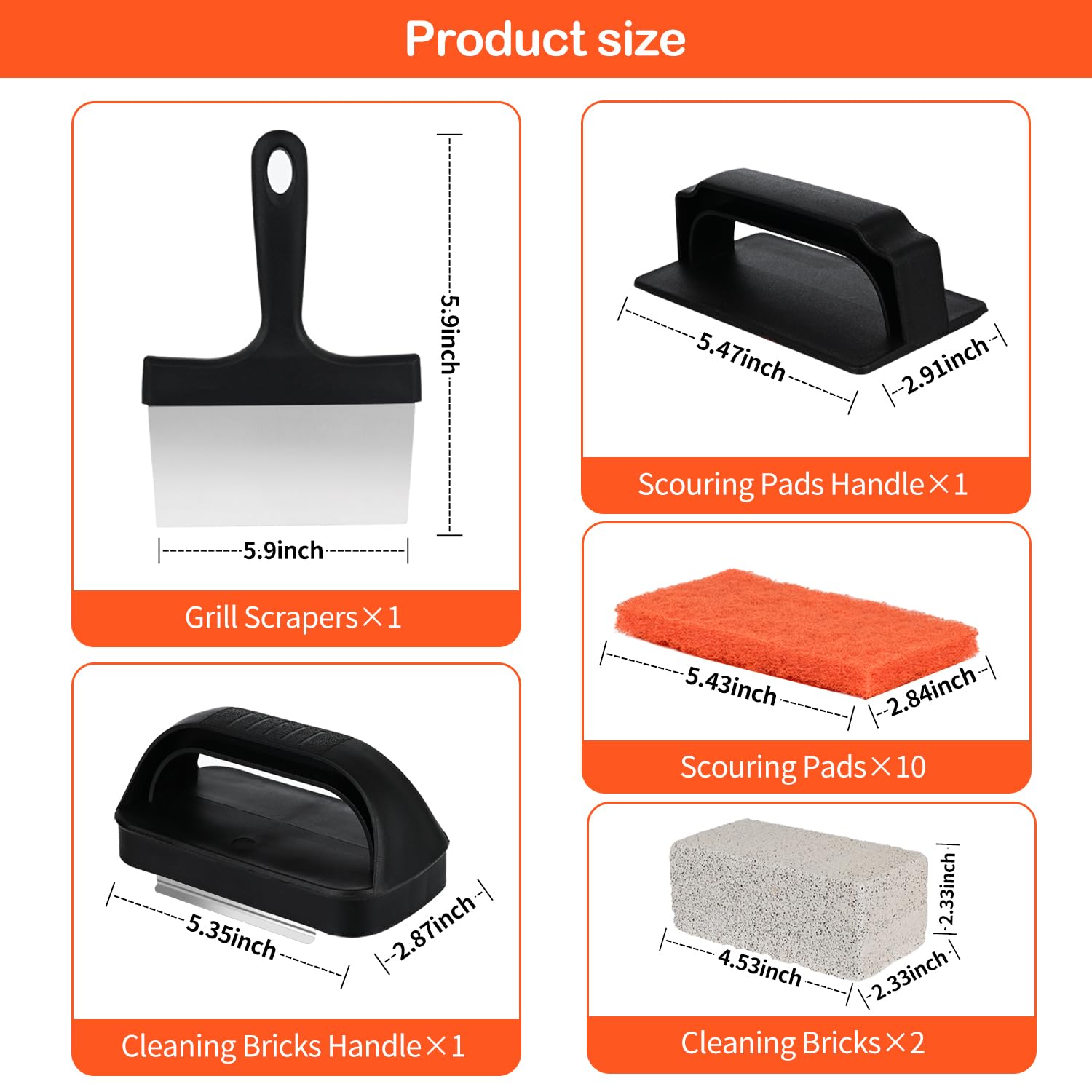 1 Griddle Cleaning Kit - Heavy Duty Scraper & Brush Set for Grill, Stove & Flat Top - Orange - Perfect for Outdoor BBQ, Camping & Kitchen Cleaning