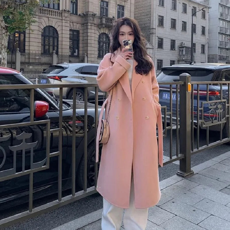 Women's Faux Wool Belted Double Breasted Long Coat - Notched Collar Full Sleeve Loose Fit Jacket for Autumn | Casual Outerwear for Work, Dating & Fall Fashion