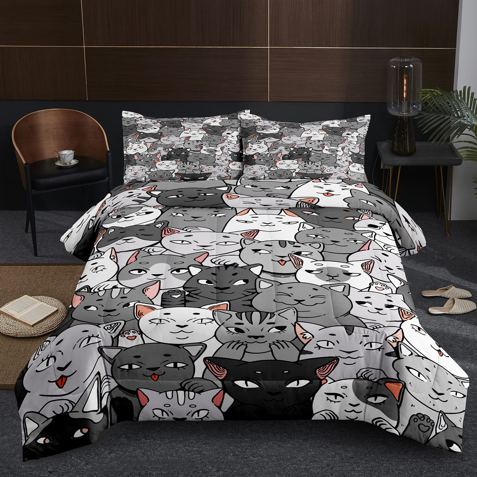 Soft Microfiber Cat Print Bedding Set Queen Size - White Gray & Black Cat Pattern Comforter with Matching Pillowcase for Kids & Teens | Cozy Bedroom Decor for Cat Lovers
