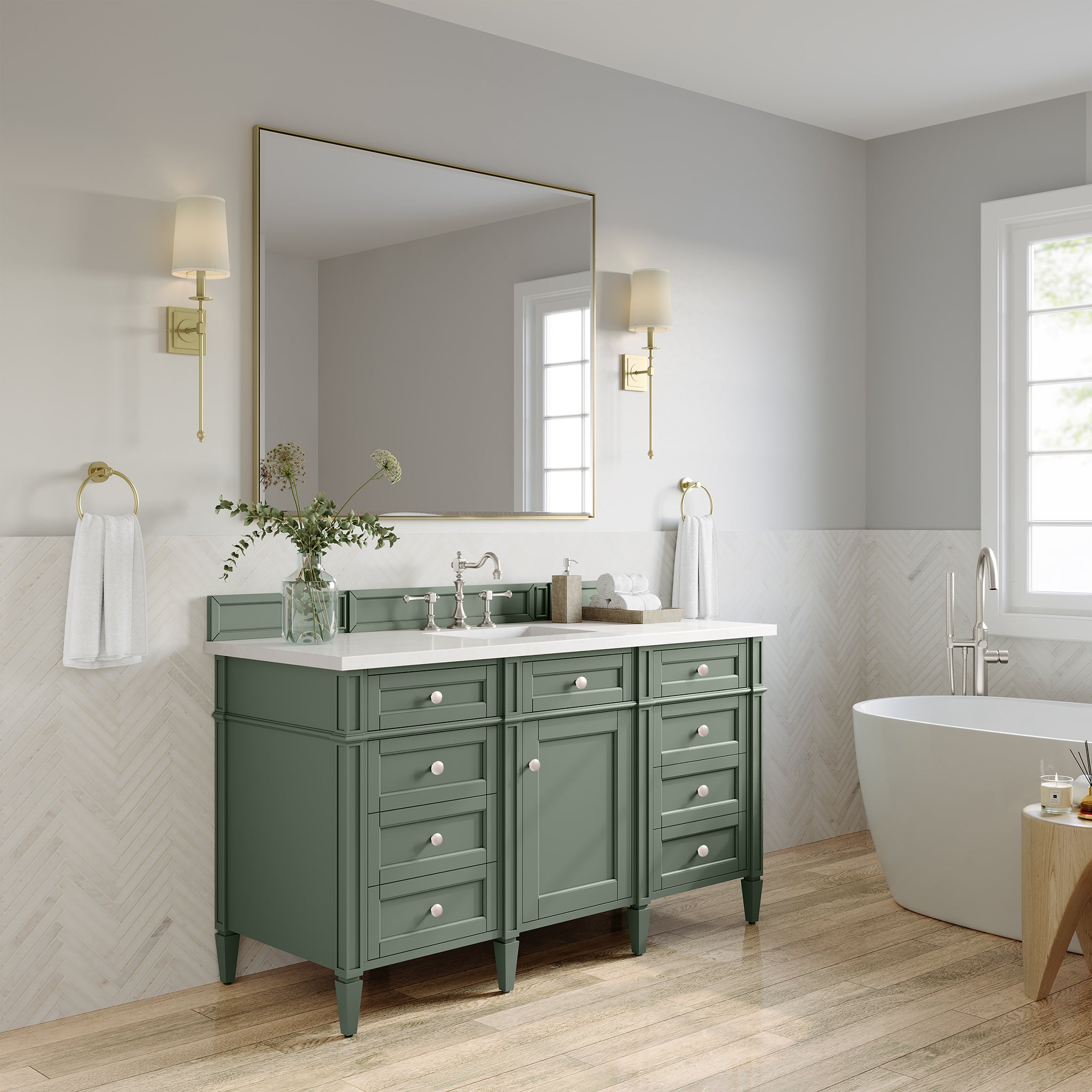 Brittany 60-Inch Single Bathroom Vanity in Smokey Celadon with 3CM White Zeus Quartz Top - Perfect for Modern Master Bathrooms & Powder Rooms