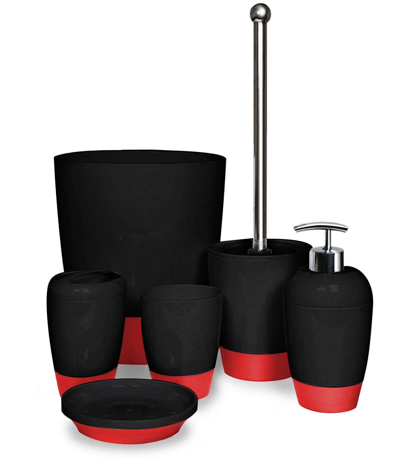 Eco-Friendly 6-Piece Bathroom Accessories Set - Toothbrush Holder, Tumbler, Lotion Dispenser, Soap Dish, Toilet Brush & Trash Bin (Black/Red) | Perfect for Modern Homes, Guest Bathrooms & Sustainable Living