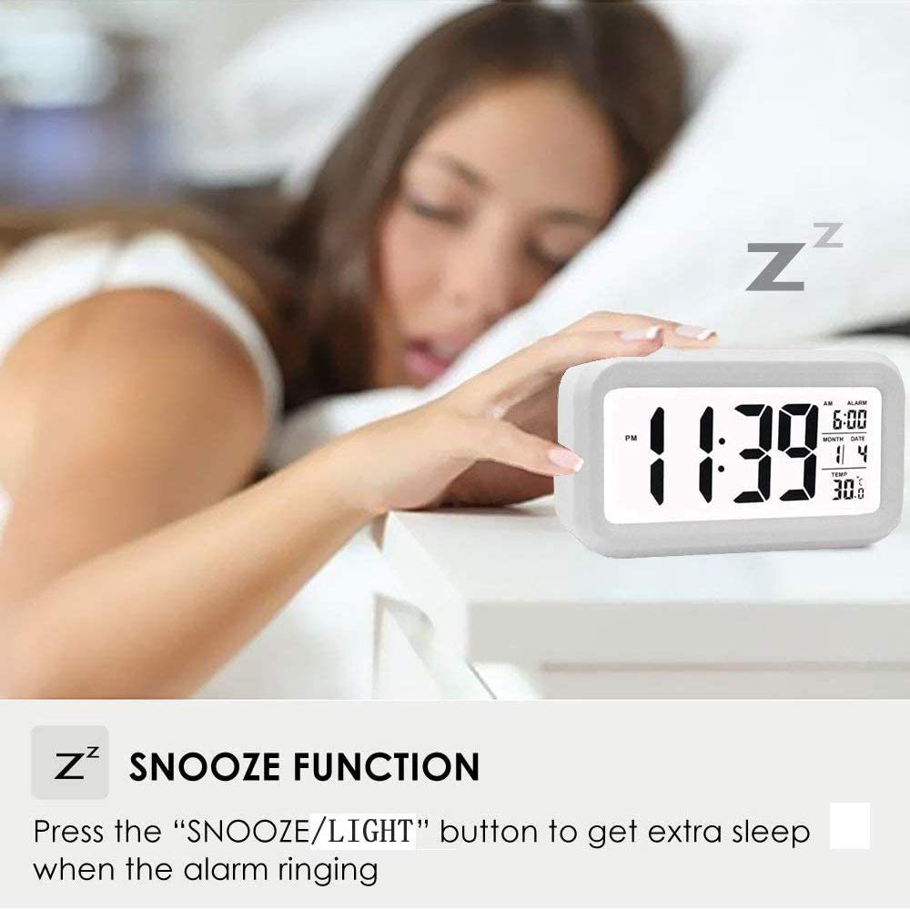 Digital Alarm Clock with LCD Display - 12/24H Time, Temperature, Snooze & Sleep Timer - White Electric Bedside Clock for Bedroom | Perfect for Nightstands, Home Office & Dorm Rooms