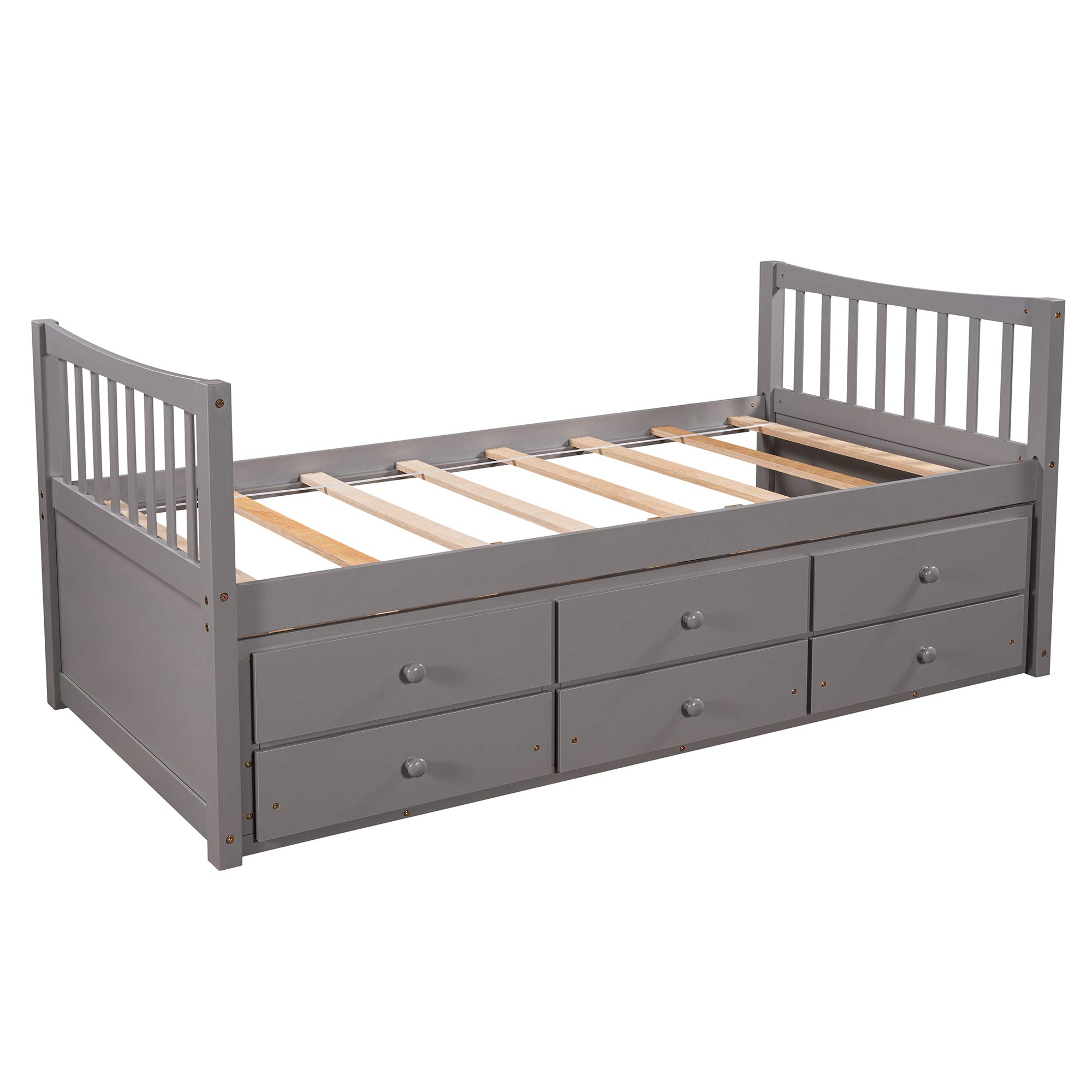 Rhomtree Twin Captains Bed with Trundle and Storage Drawers - Wooden Daybed Sofa Bed Frame for Bedroom, Guest Room, Living Room (Grey) | Space-Saving Multi-Functional Furniture for Small Apartments & Dorm Rooms